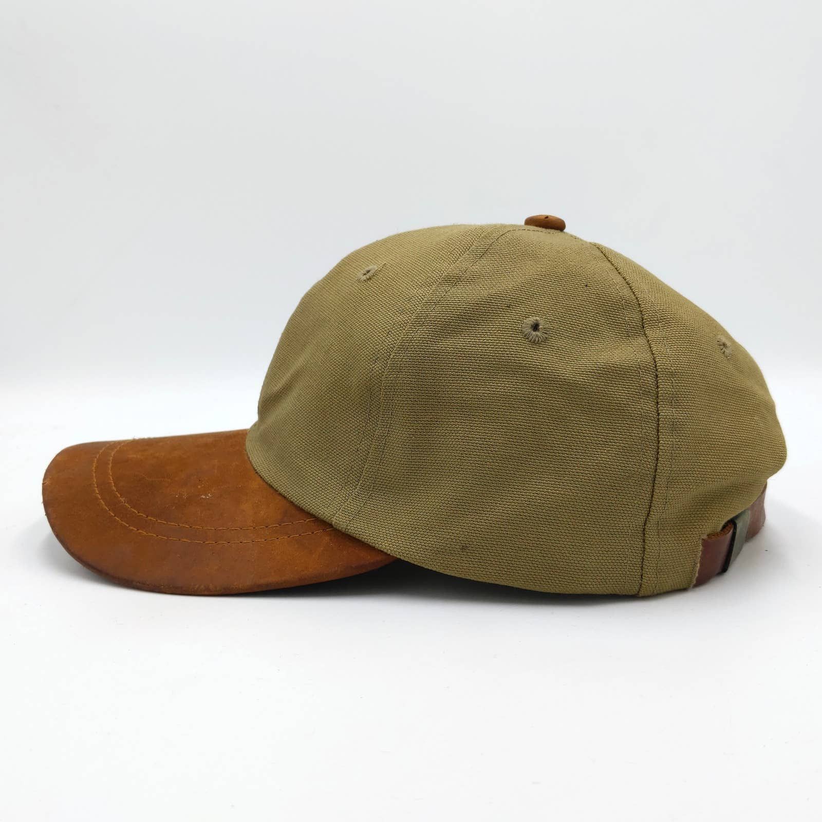 Vintage Vintage Nautica Leather Canvas Trucker Camp Hat Khaki Tan Size ONE SIZE - 4 Thumbnail