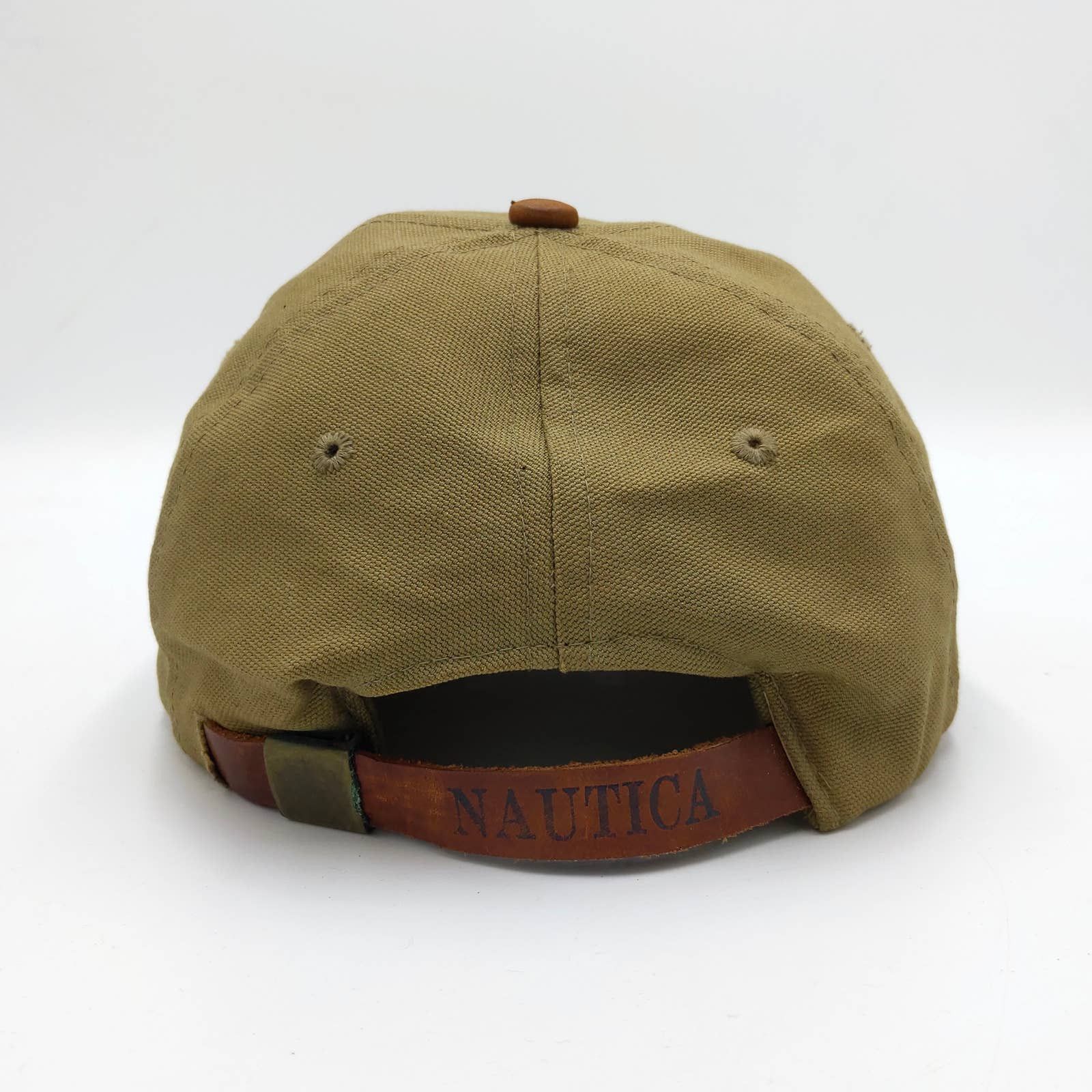 Vintage Vintage Nautica Leather Canvas Trucker Camp Hat Khaki Tan Size ONE SIZE - 6 Thumbnail