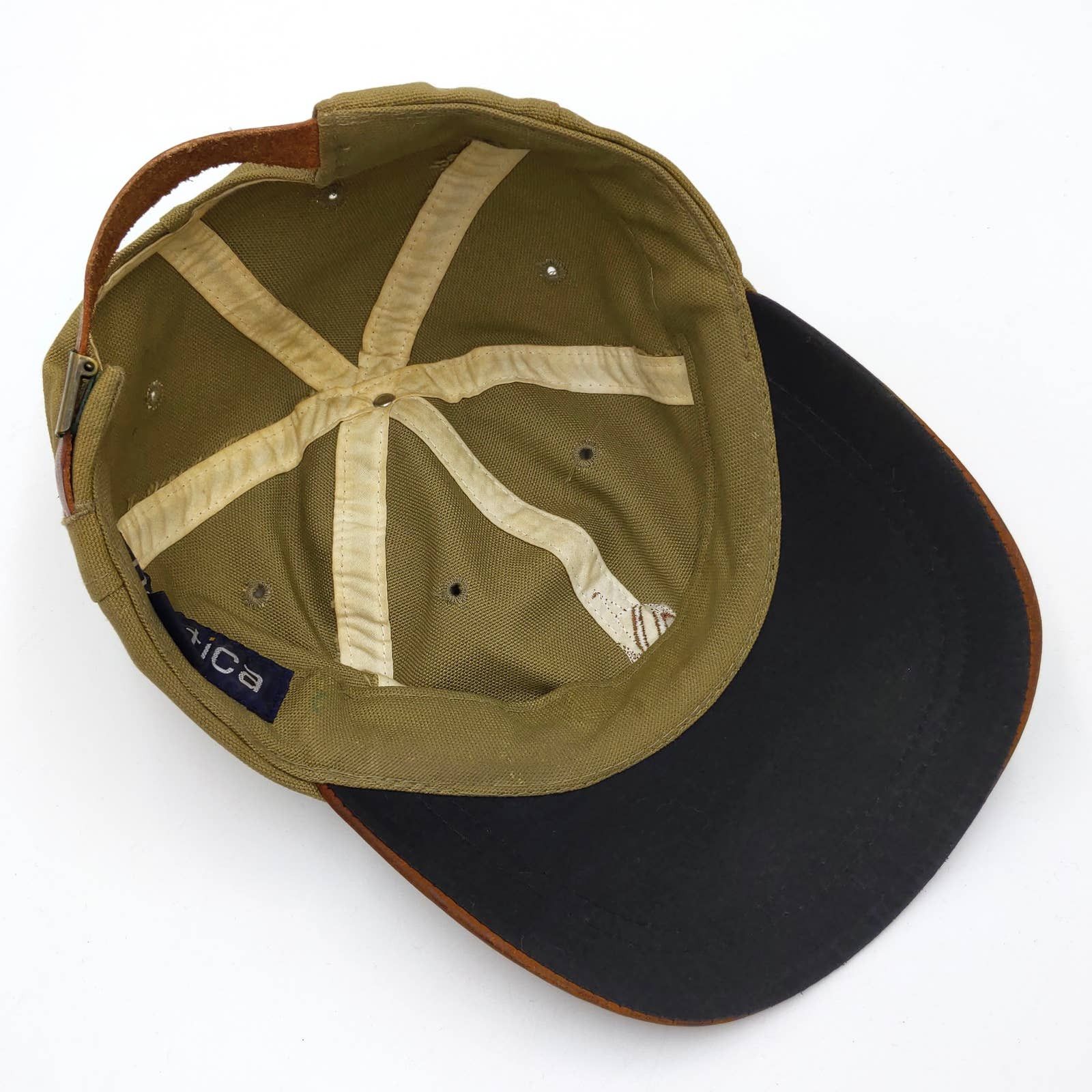 Vintage Vintage Nautica Leather Canvas Trucker Camp Hat Khaki Tan Size ONE SIZE - 7 Thumbnail