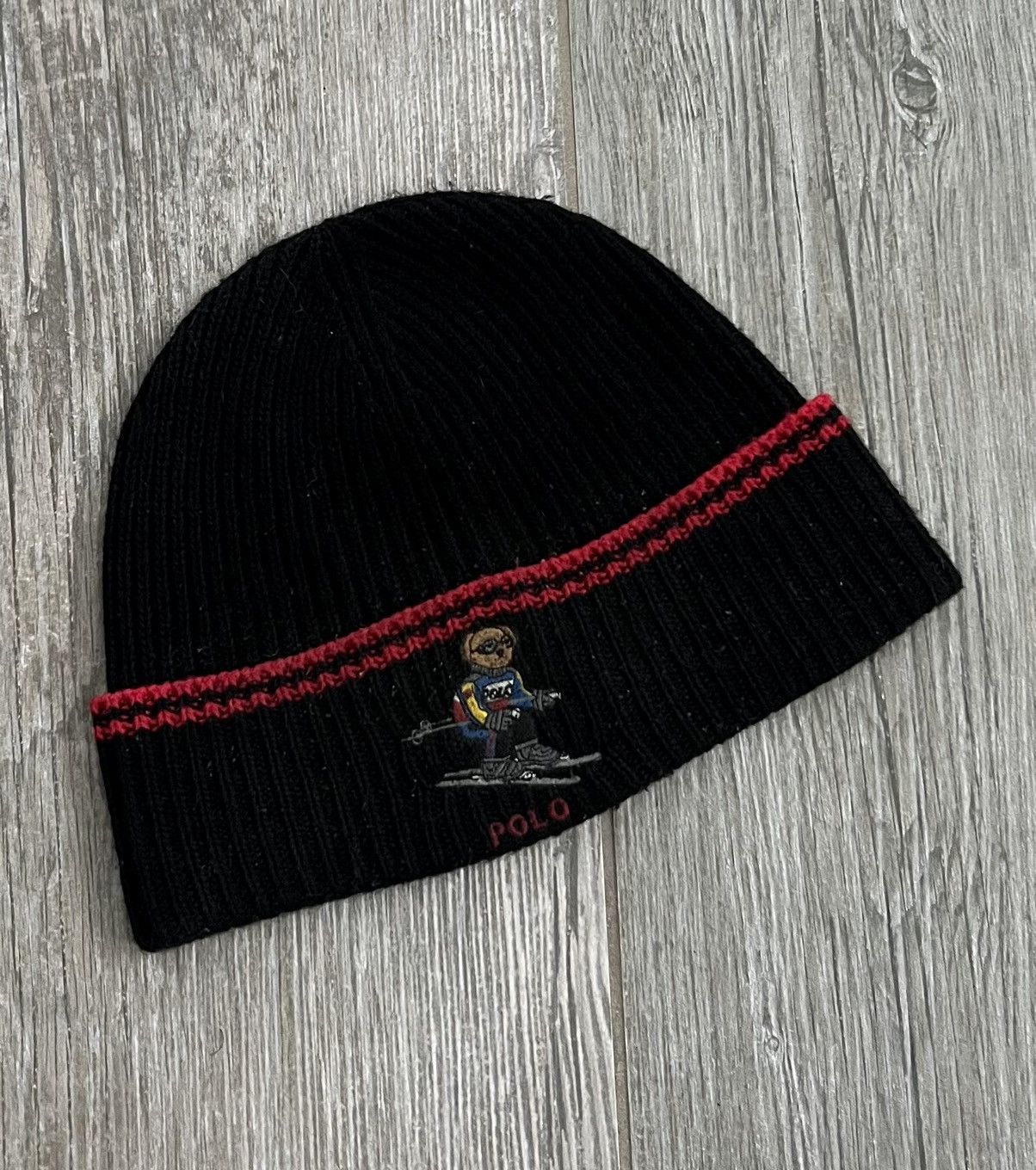 1990s Polo Ralph Lauren Black Red Embroidered Woven Beanie