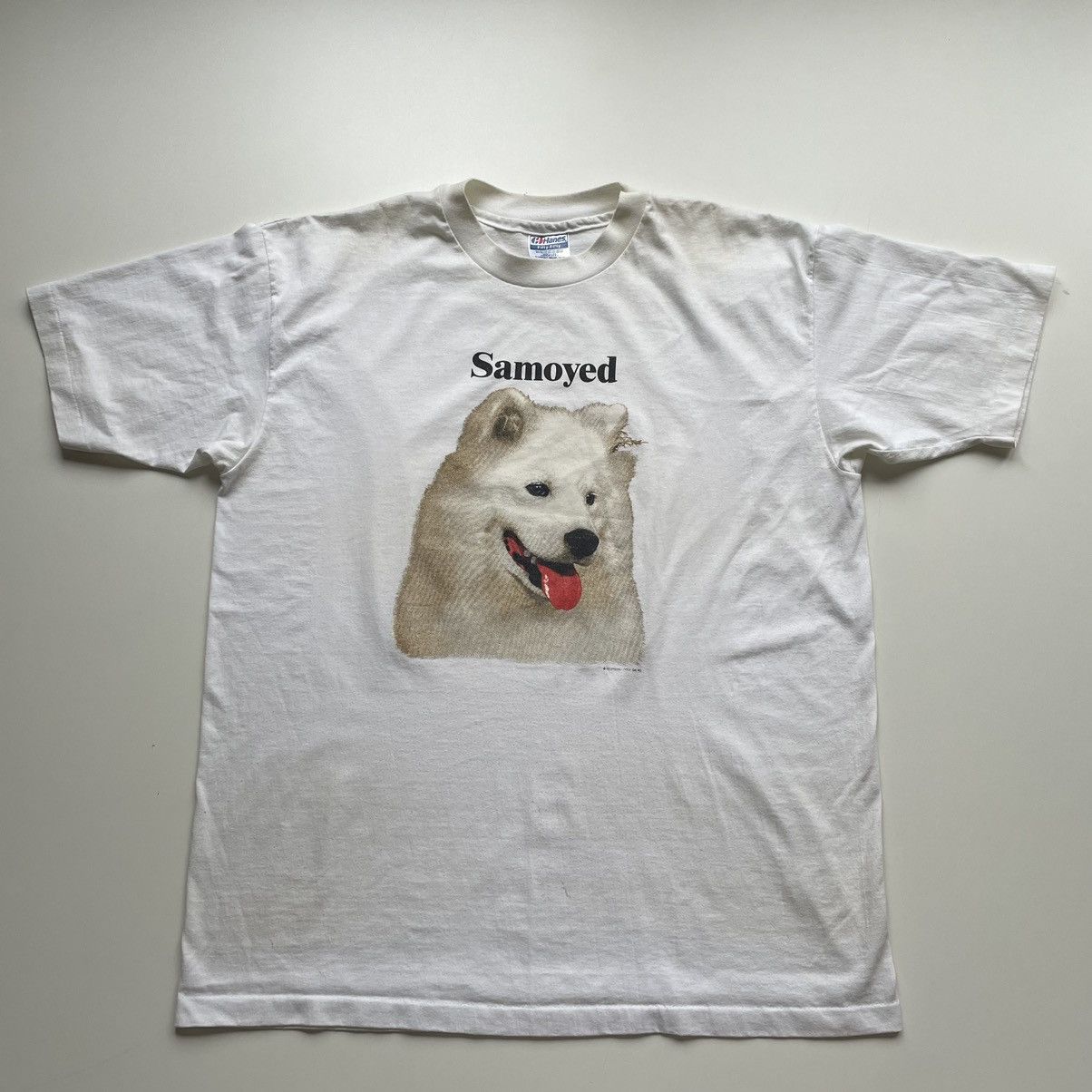 image of Animal Tee Vintage 90's Samoyed Dog Graphic T Shirt Single Stitched XL in White, Men's