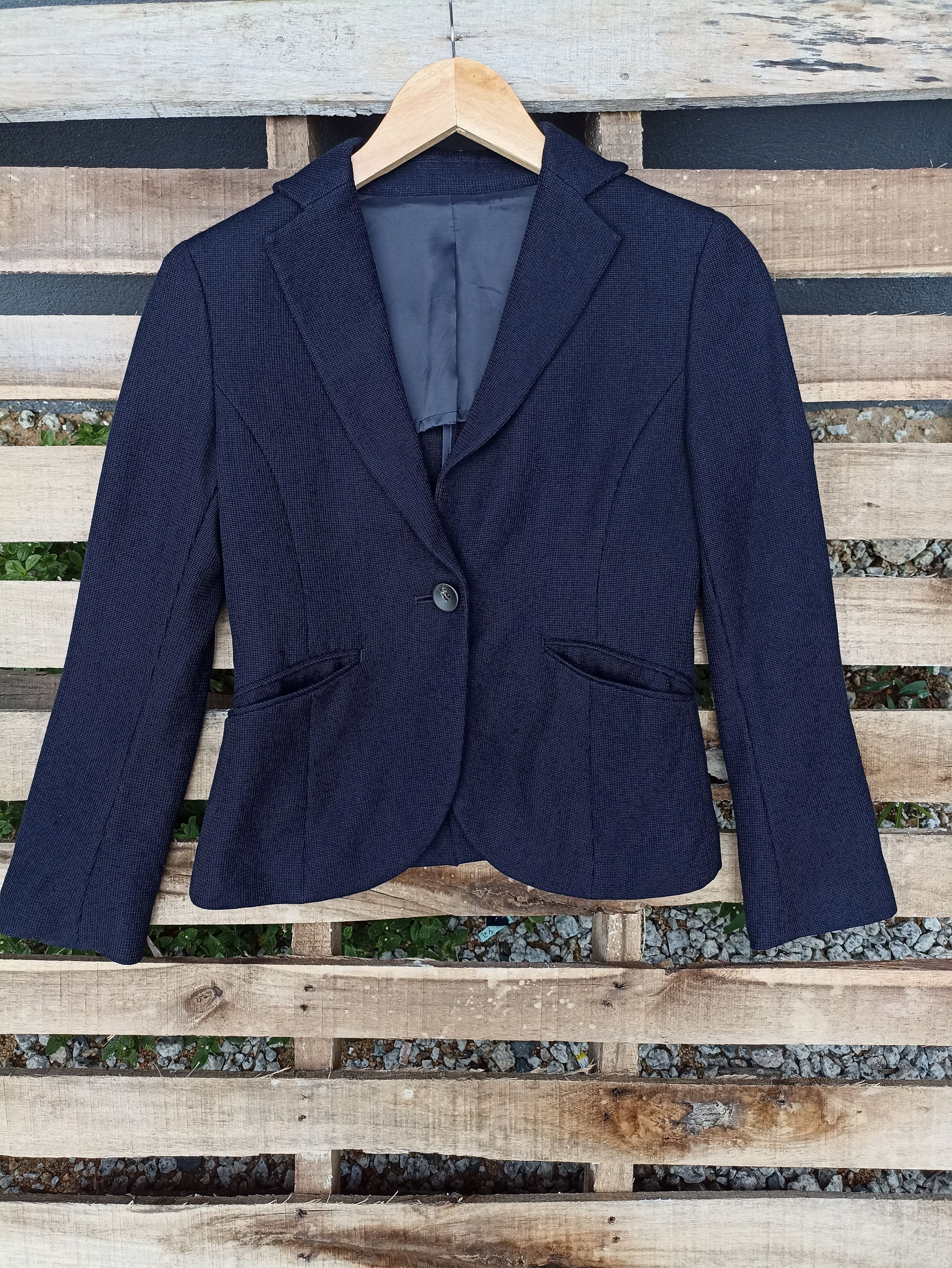 image of Yohji Yamamoto Designer Ined Crop Blazer in Dark Blue, Women's (Size Small)