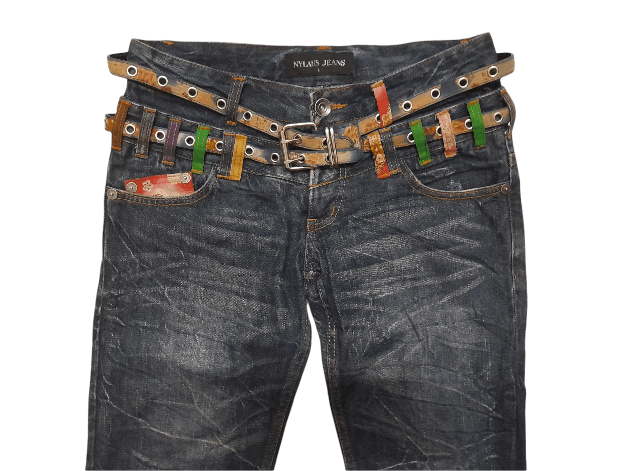 Japanese Brand NYLAUS Japan Cultural Art Double Belt Denim (D850) w31 Size US 31 - 7 Thumbnail