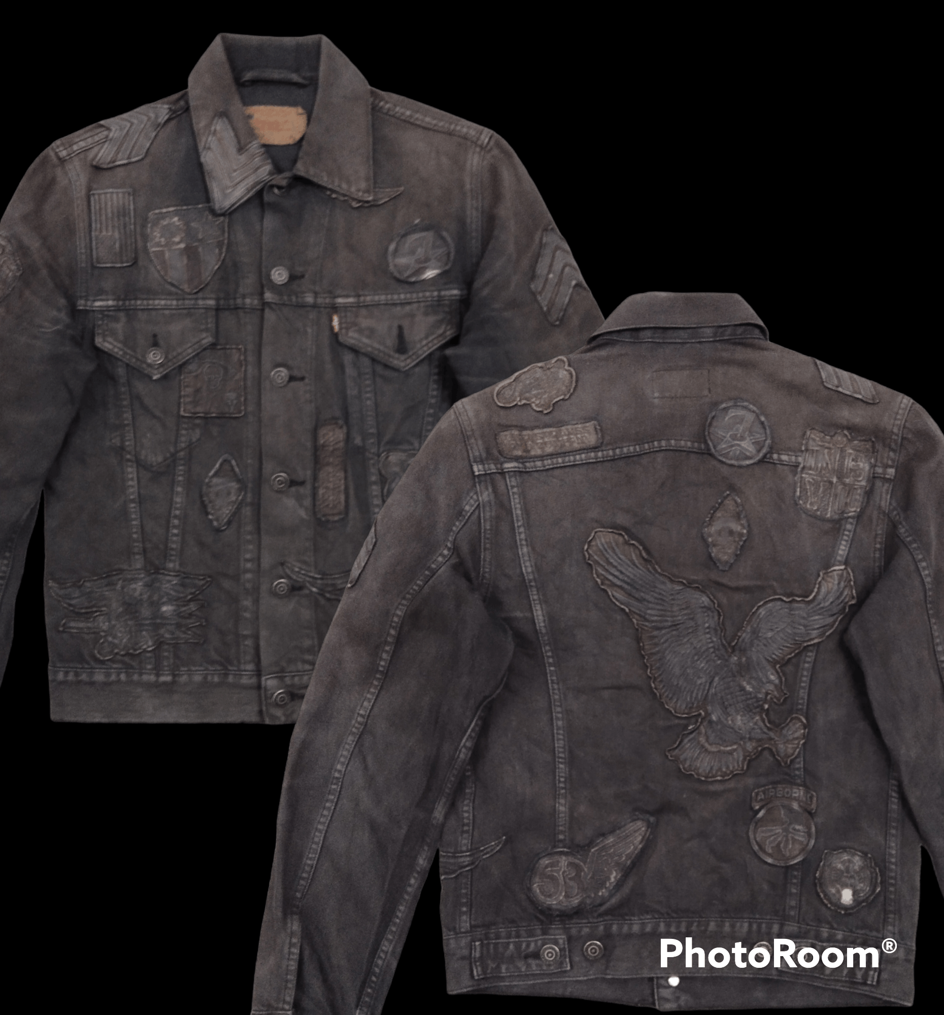 image of Avant Garde x Distressed Denim Sun Faded Pacthwork Levis Denim Jacket in Black Faded (Size Small)