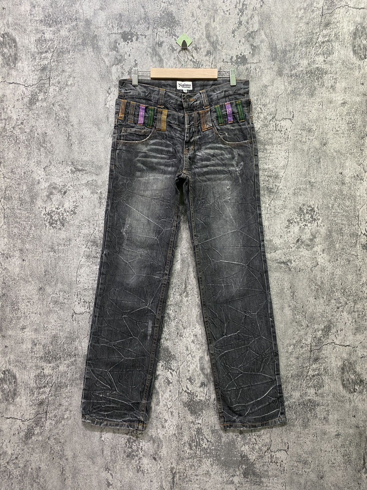 image of Vintage Nylaus Clothing Double Waist Acid Wash Denim in Black, Men's (Size 30)