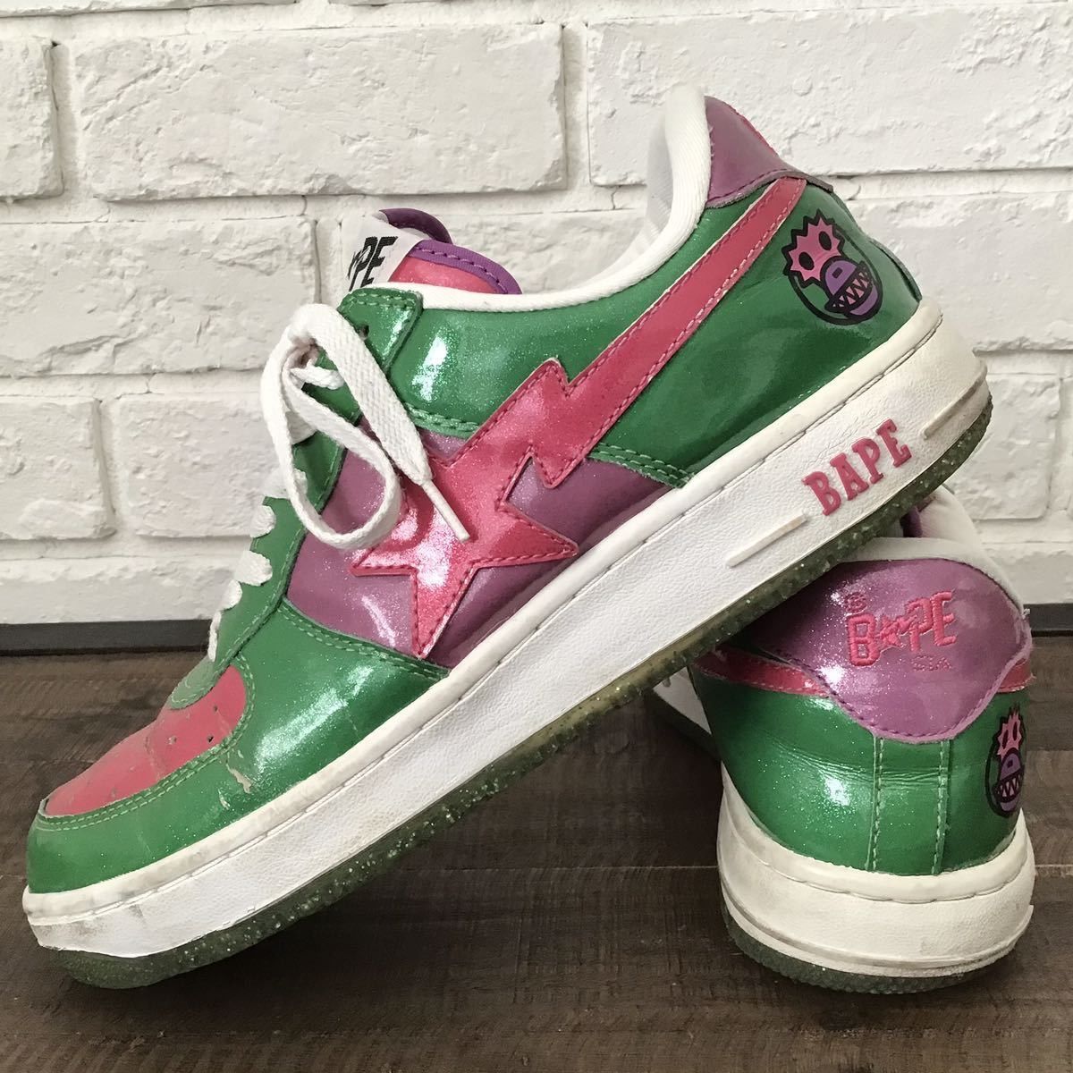 image of Glitter Bapesta Sneakers A Bathing Ape Bape Sta Shoes Nigo in Green/Pink, Men's (Size 9)