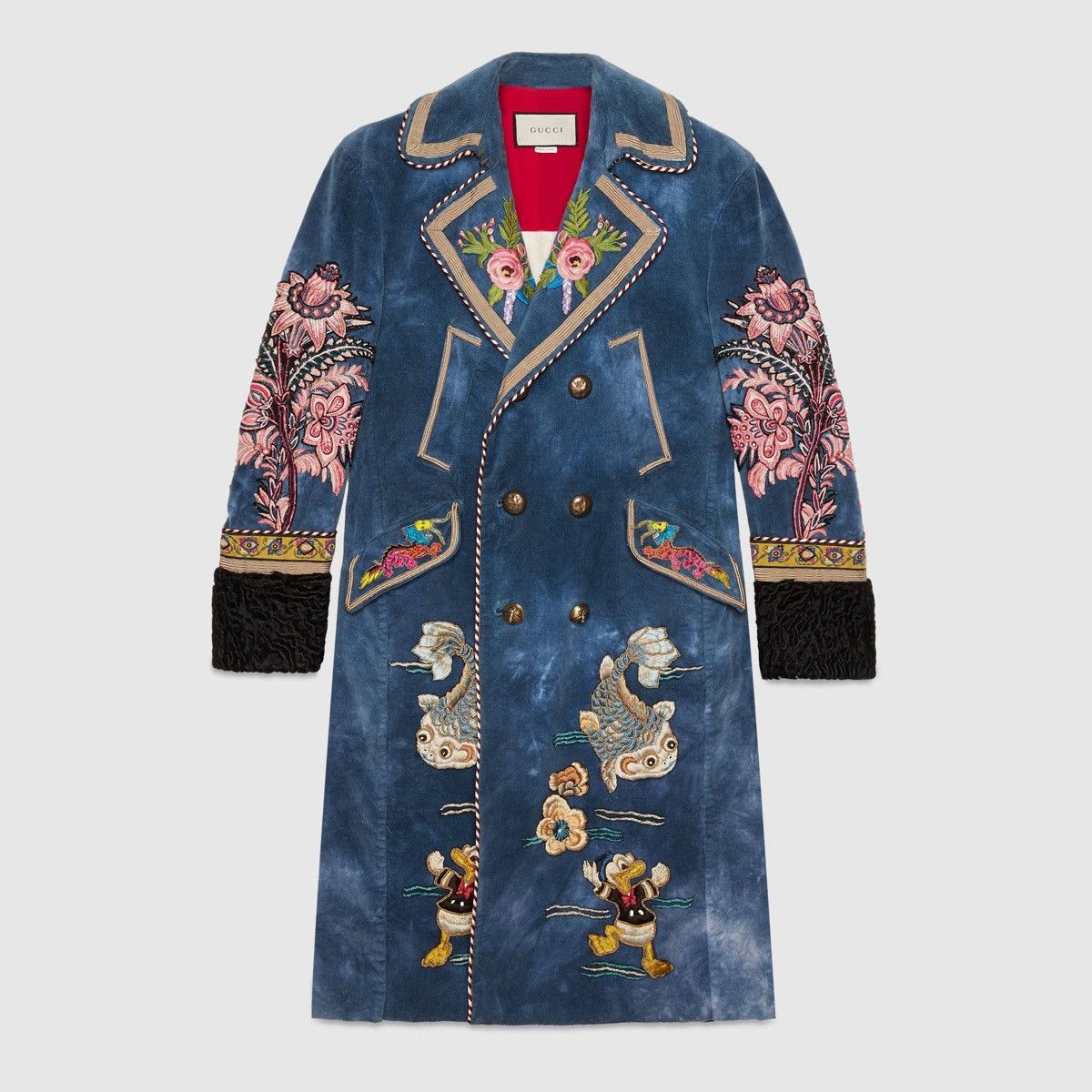 Image of Sample Gucci X Disney Donald Duck Shearling Velvet Coat in Blue, Men's (Size Small)