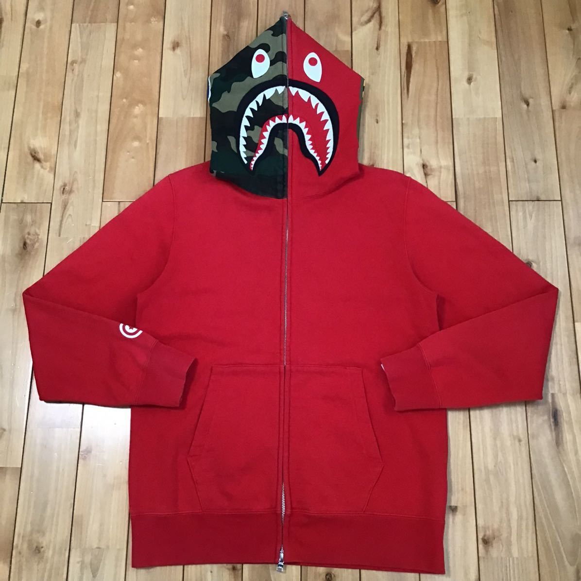 image of Shark Full Zip Hoodie Red × Woodland Camo Bape, Men's (Size Large)