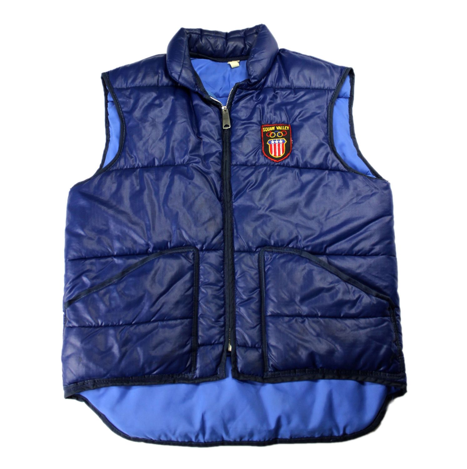 Vintage 1960s 60s 1960 Squaw Valley Olympics Patch on Navy Blue Down Skiing Vest Mens Retro Sportswear Size Small