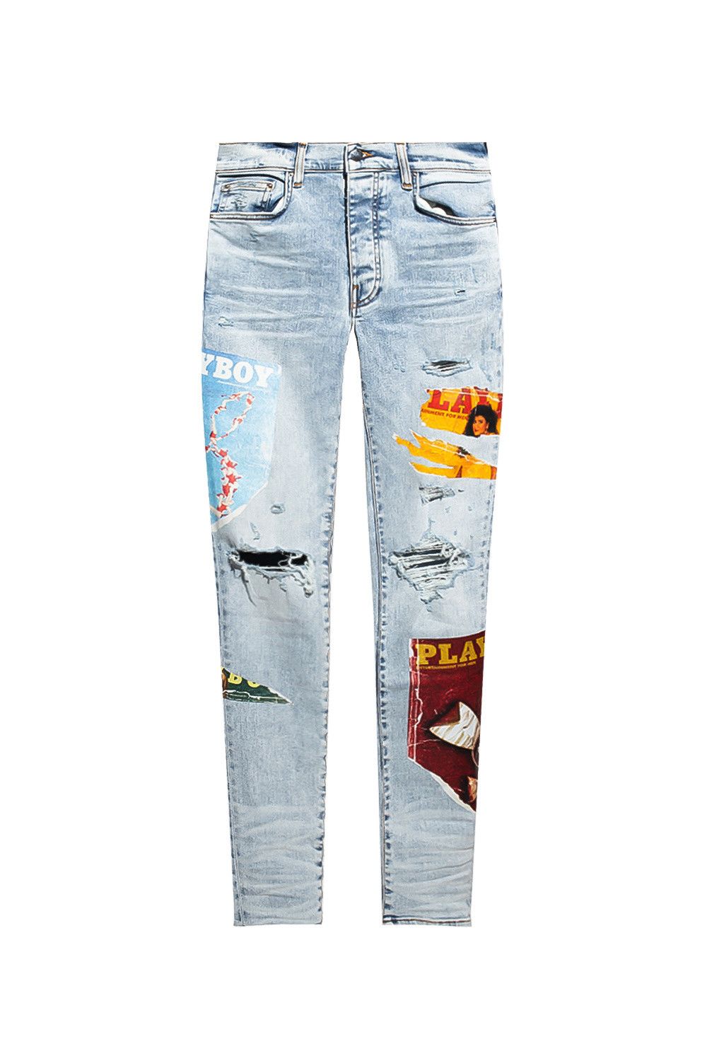 image of Amiri Playboy Distressed Denim Jeans in Blue, Men's (Size 33)