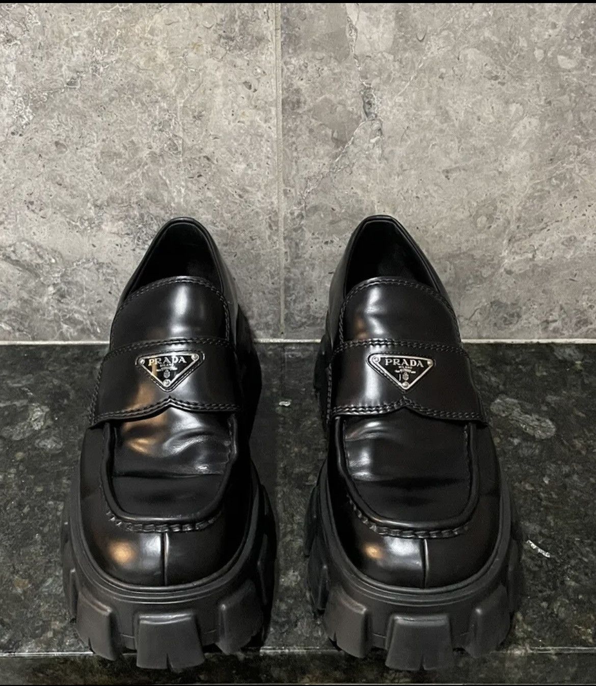 PRADA Men’s Monolith Lug Sole Brushed Leather Loafers Black