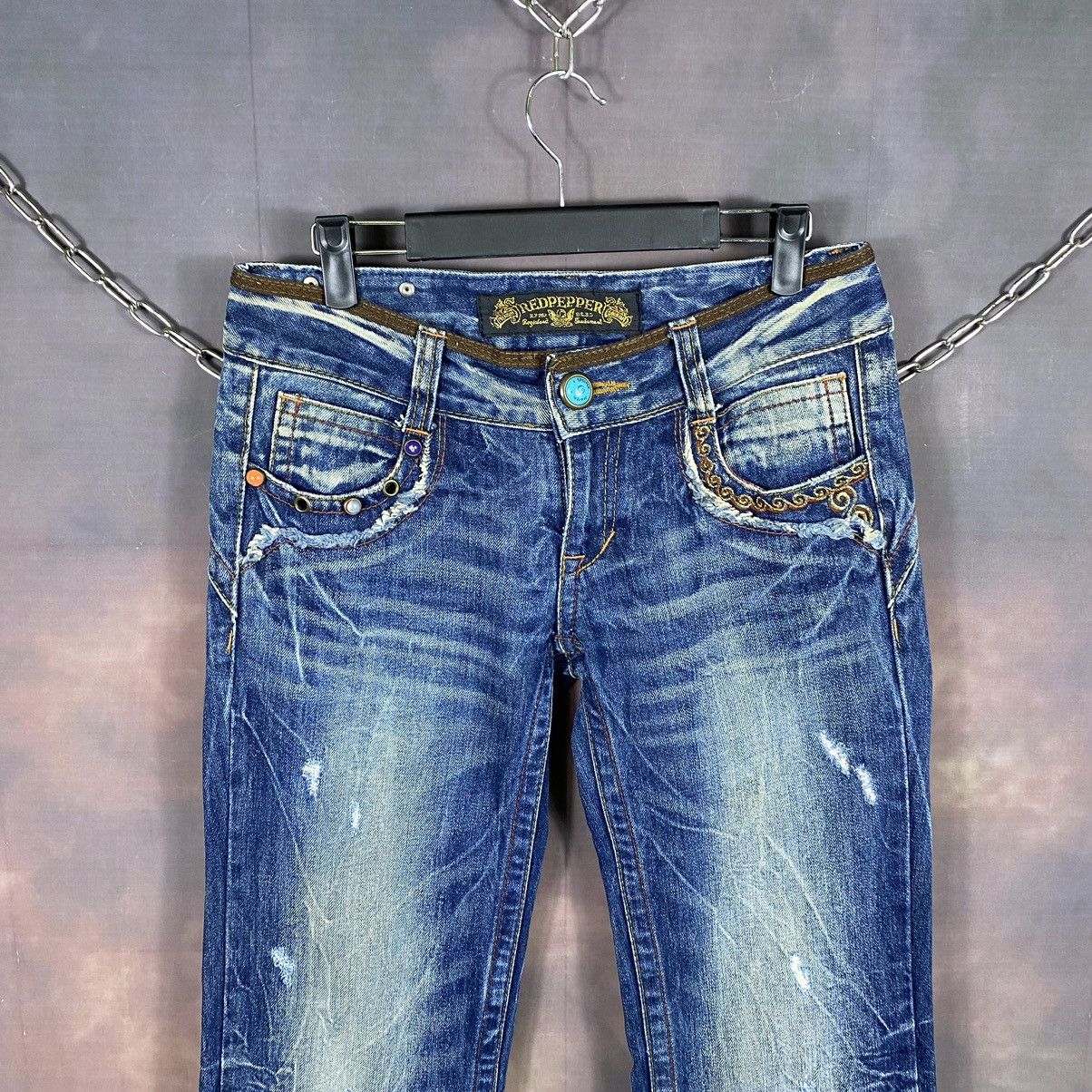 If Six Was Nine × Japanese Brand × Vintage Red Pepper Navite Embroidery Flare Denim Jeans Size 30" / US 8 / IT 44 - 3 Thumbnail
