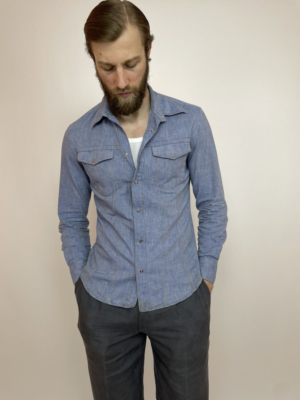 Ferre × Vintage GIANFRANCO FERRE Denim shirt vintage Long sleeve Slim fit Size US M / EU 48-50 / 2 - 2 Thumbnail