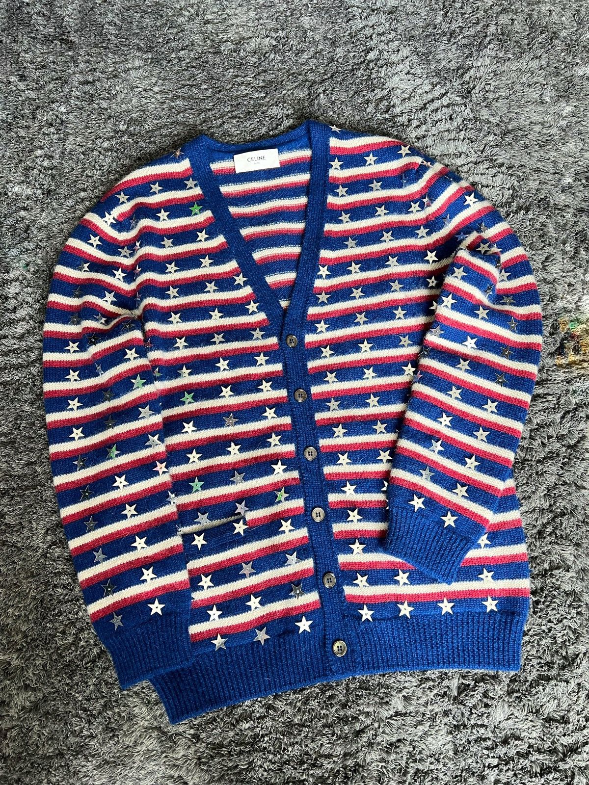 image of Celine x Hedi Slimane Ss21 Star Embroidered Loose Cardigan Size S in Blue, Men's