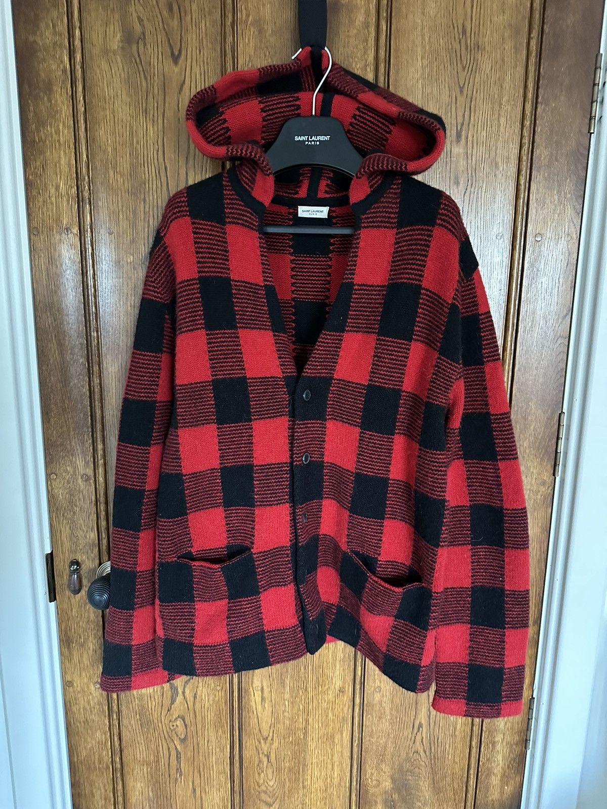 image of Saint Laurent Paris Fw14 Saint Laurent Hedi Hoodie Flannel Wool Cardigan in Red Black (Size Medium)
