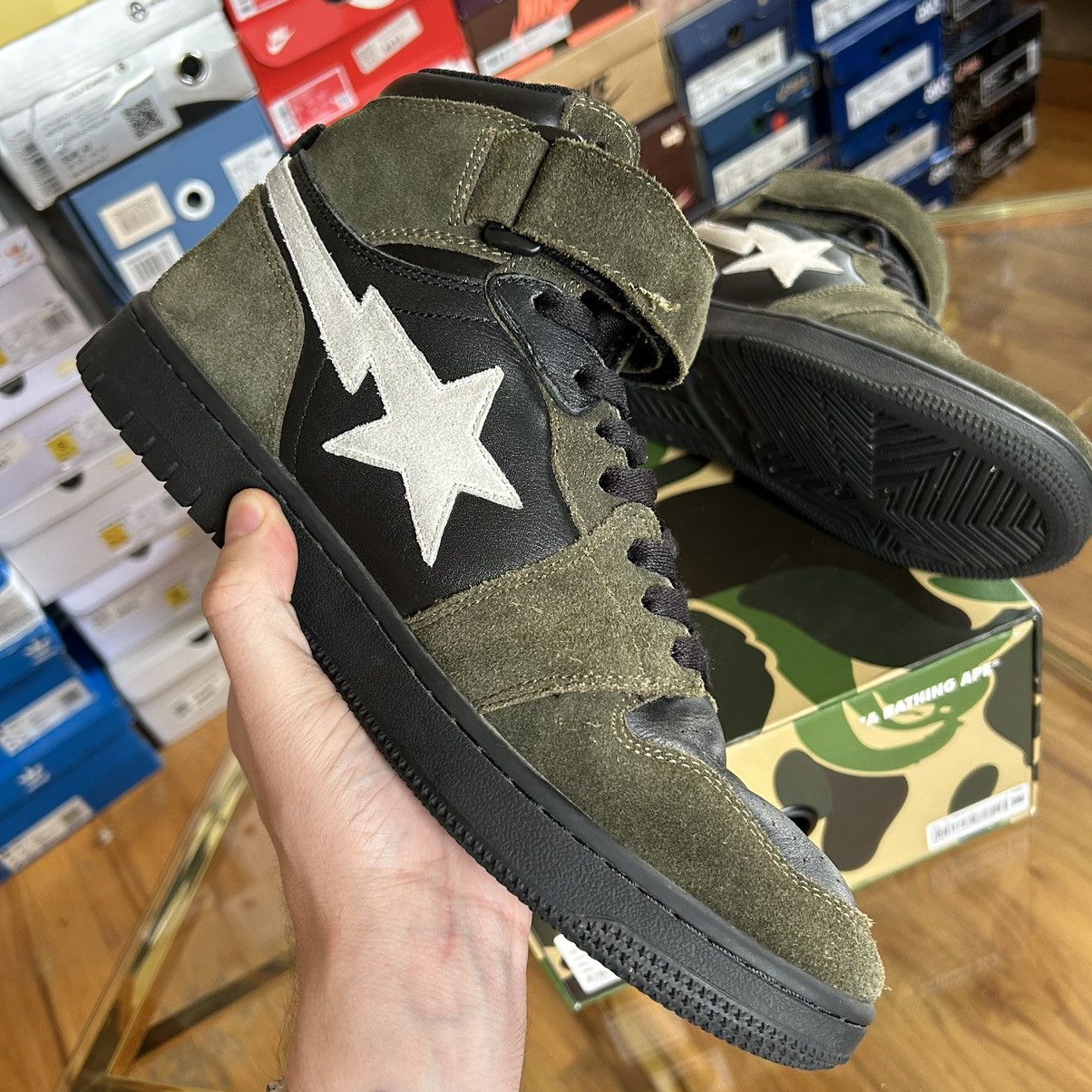 Bape 2021 SPRiNG SUMMER BLOCKSTA Hi DARK GREY OLiVE GREEN BAPESTA Size US 10 / EU 43 - 16 Thumbnail