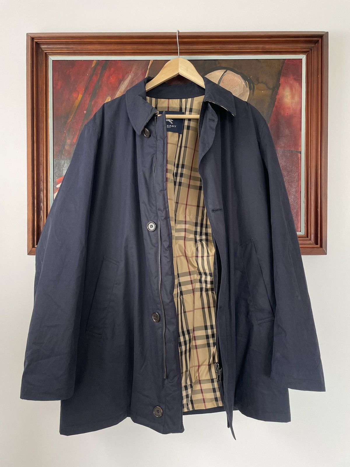 image of Vintage Burberry Nova Check Coat Jacket Navy Casual, Men's (Size Large)