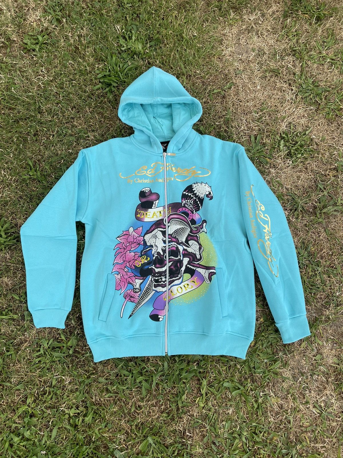 image of Christian Audigier x Ed Hardy By Ch. Audigier Zip Hoodie in Light Blue, Men's (Size XL)