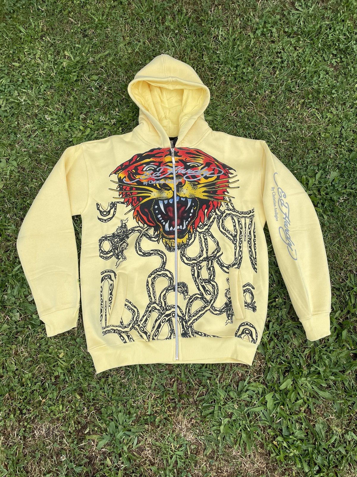 image of Christian Audigier x Ed Hardy By Ch. Audigier Tiger Zip Hoodie in Yellow, Men's (Size XL)