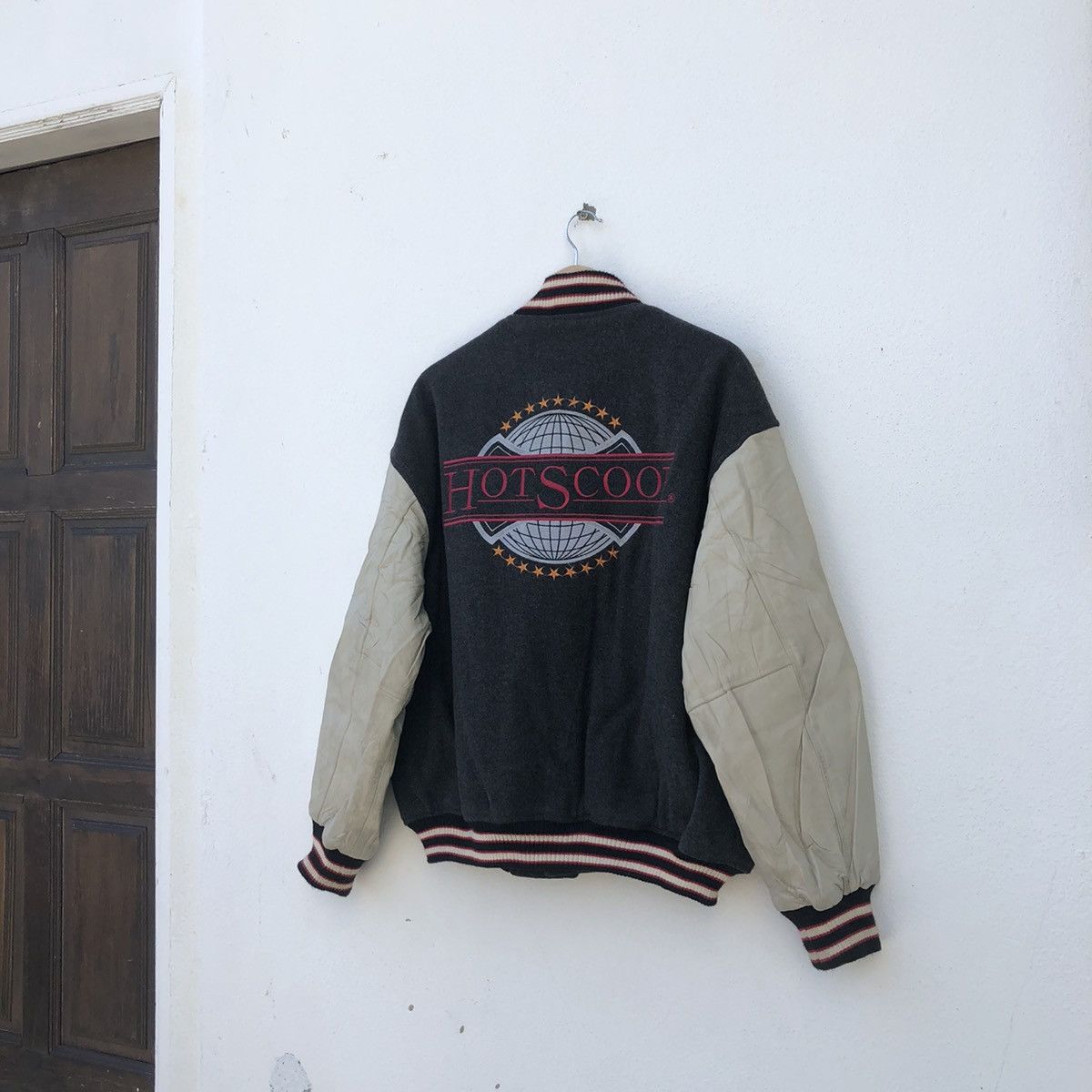 Japanese Brand × SCOOP VARSITY JACKET HOTSCOOP BIG LOGO LEATHER HANDLING RARE Size US L / EU 52-54 / 3 - 8 Thumbnail