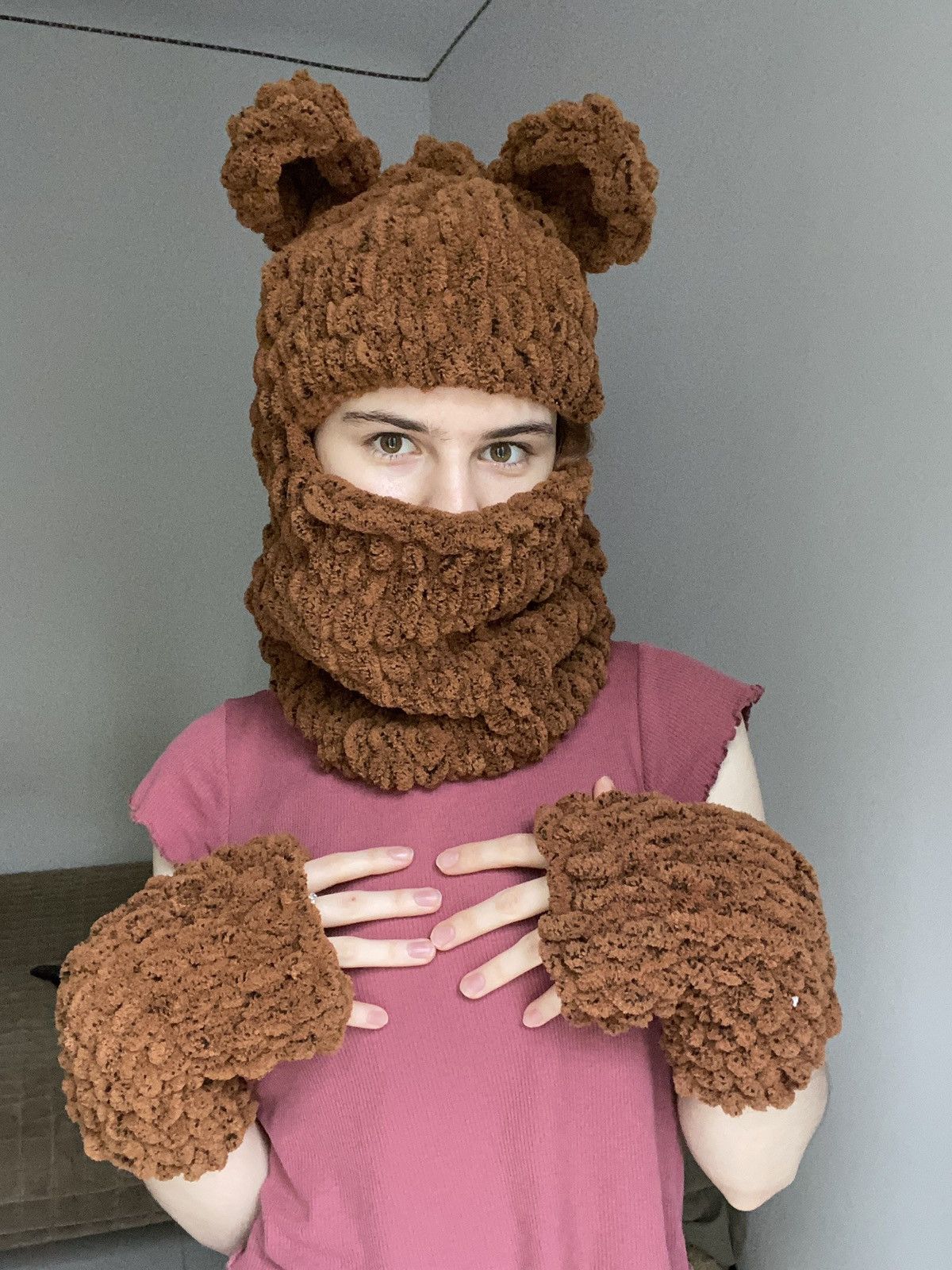 Handmade × Japanese Brand Handmade Fluffy Knitted Balaclava + Gloves Teddy Bear Style Size ONE SIZE - 1 Thumbnail