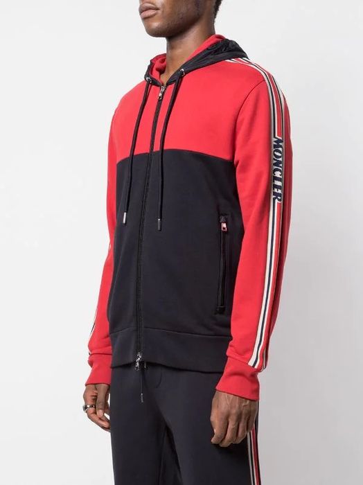 Moncler 🔥🔥Moncler Red Cotton Stripe-Detail Zip-Up Hoodie