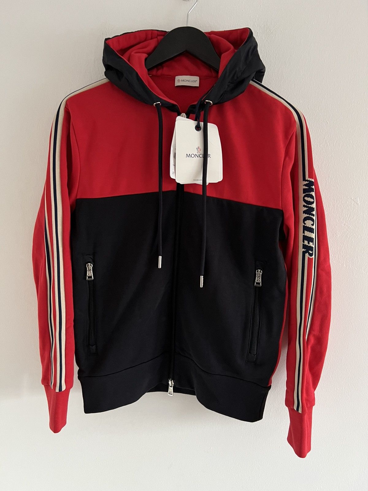 image of Moncler Red Cotton Stripe-Detail Zip-Up Hoodie, Men's (Size Small)