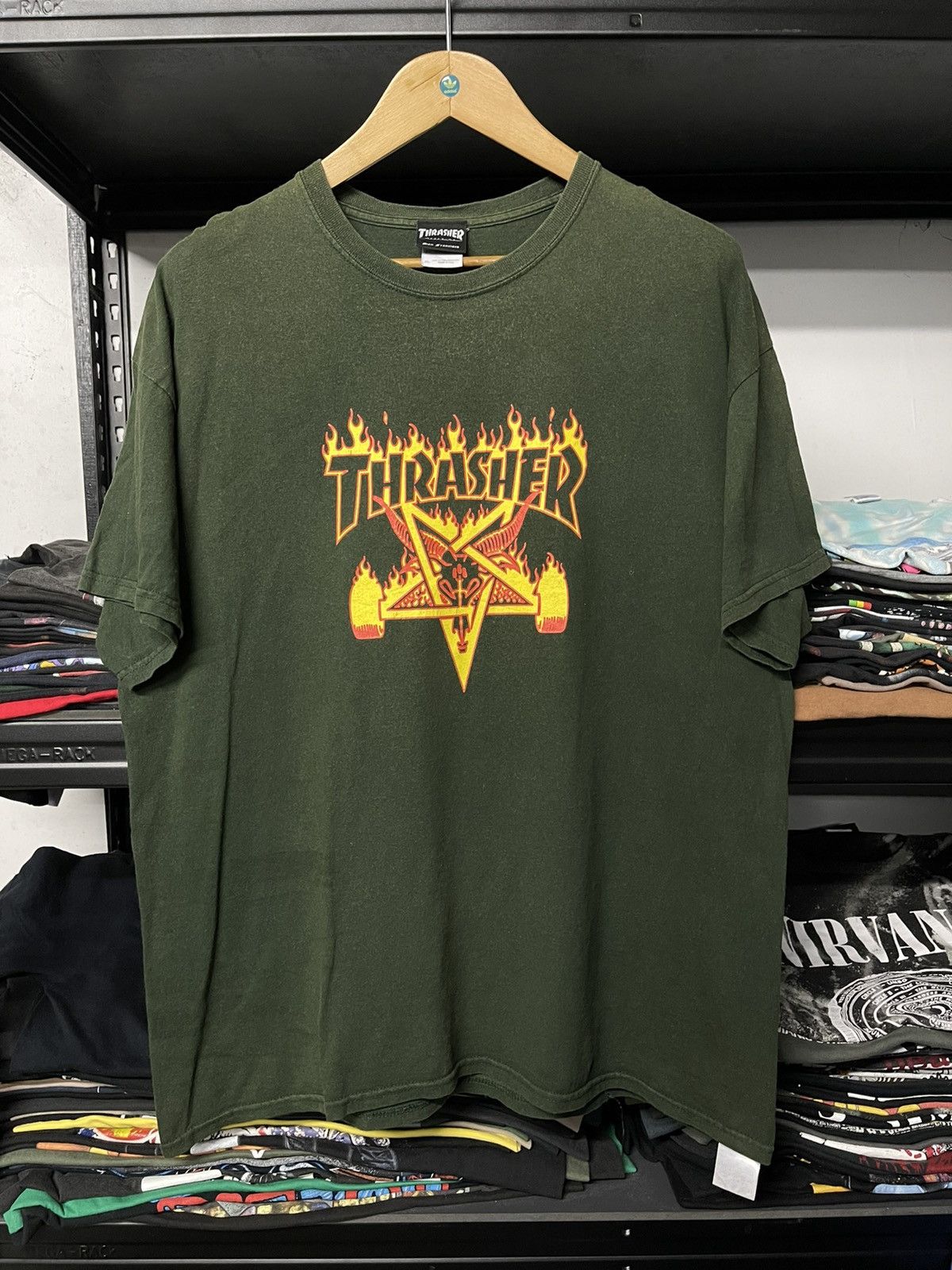 image of Skategang x Thrasher Vintage Thrasher Fire Sun Faded Tee in Green, Men's (Size XL)