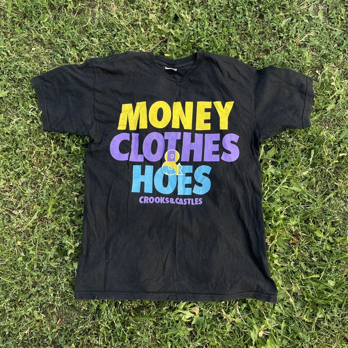 image of 90's Adult “Money Clothes Hoes” Humor Tee Streetwear in Black, Men's (Size Medium)