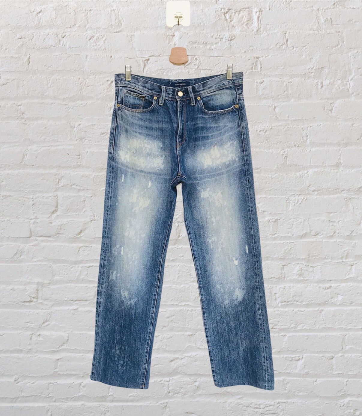 image of Distressed Denim x R Newbold Distressed Bleached Denim Waist 31 Inch in Blue, Men's
