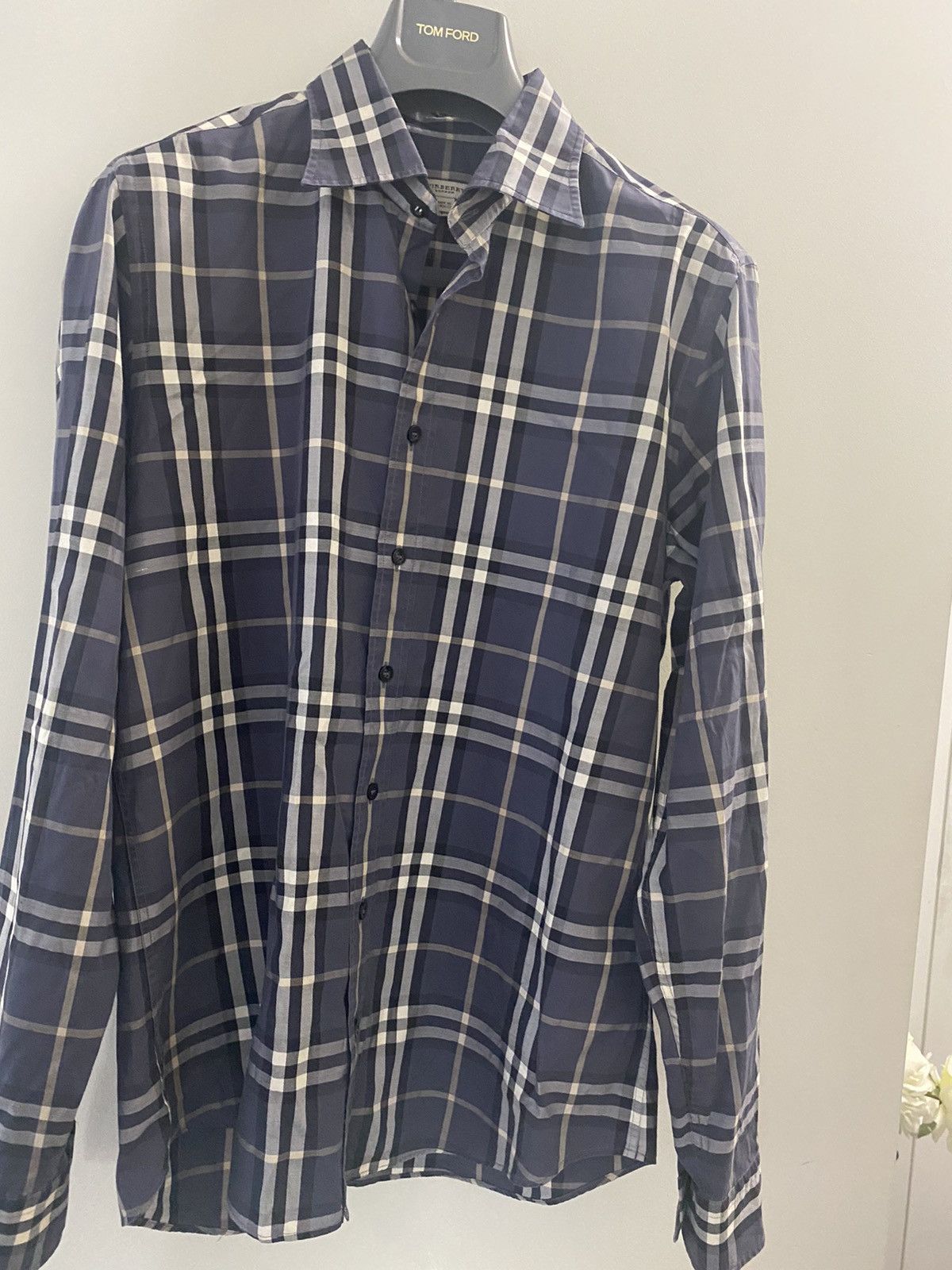 image of Burberry Nova Check Dress Shirt in Blue, Men's (Size Large)