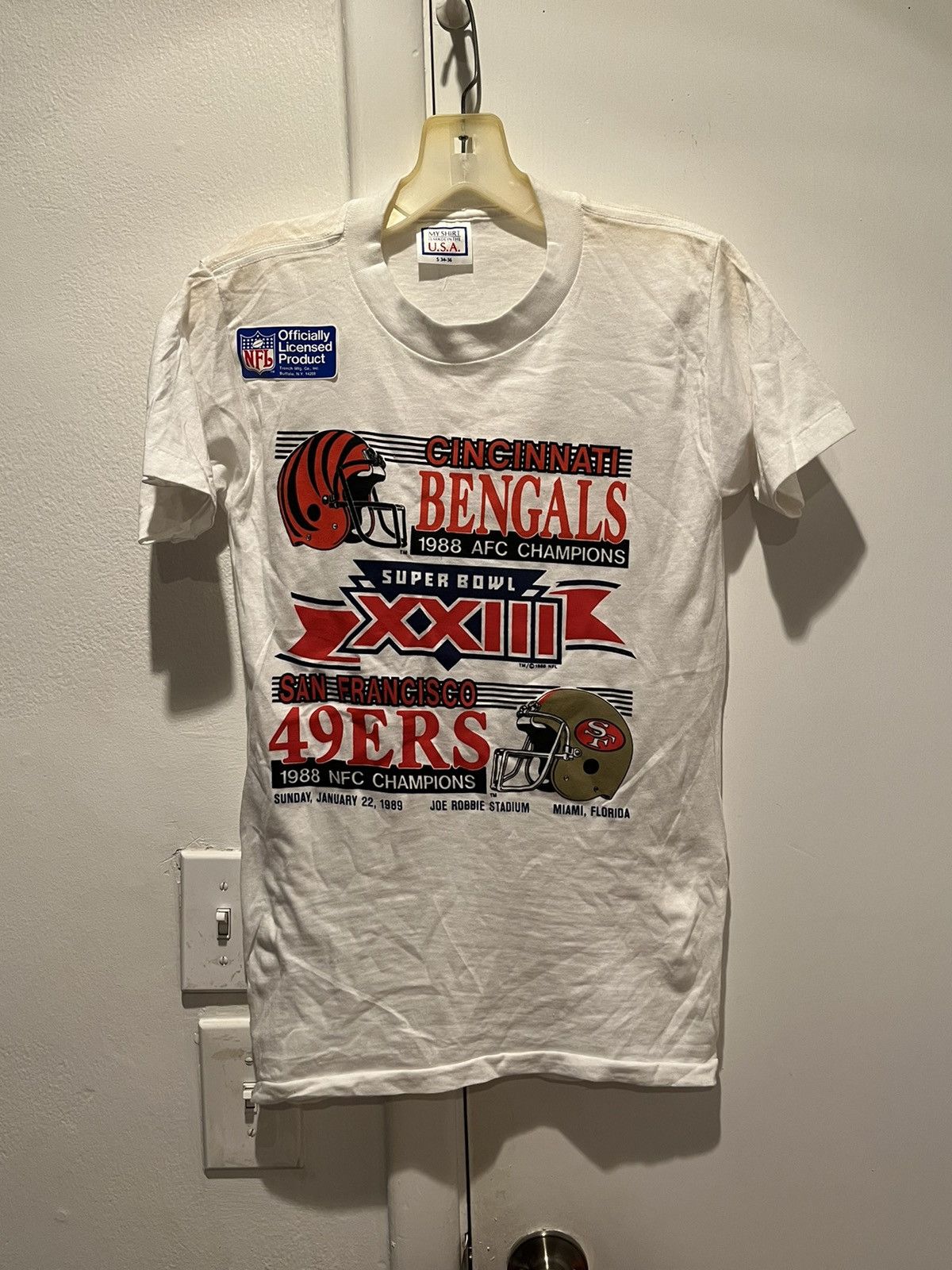 1989 Super Bowl XXIII Cincinnati Bengals San Francisco 49ers NFL T Shirt  Size Large – Rare VNTG