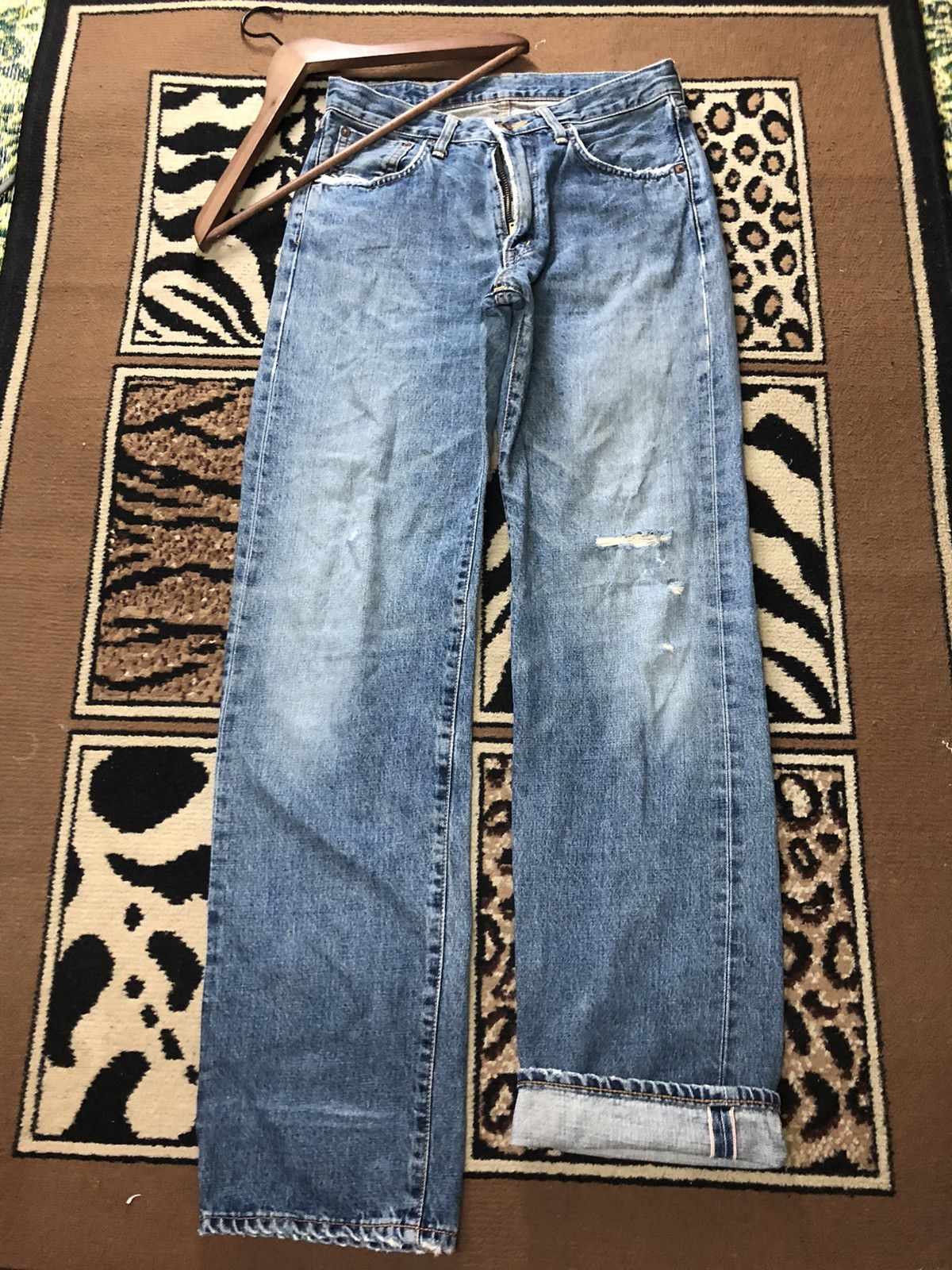 Edwin × Salvage × Vintage VINTAGE SELVEDGE EDWIN 505x BLUE WASH DISTRESSED DENIM Size US 29 - 1 Thumbnail
