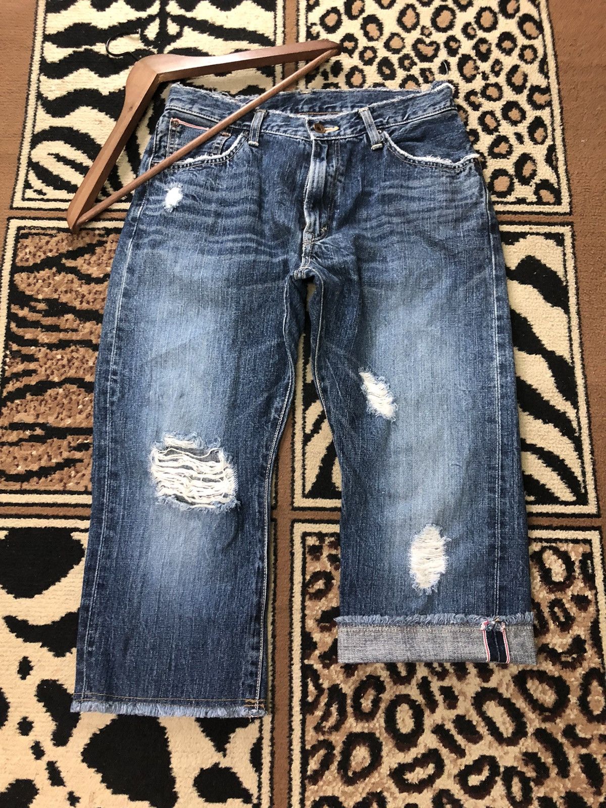 image of Vintage Selvedge Edwin 505 Short Blue Wash Distressed Denim, Men's (Size 29)