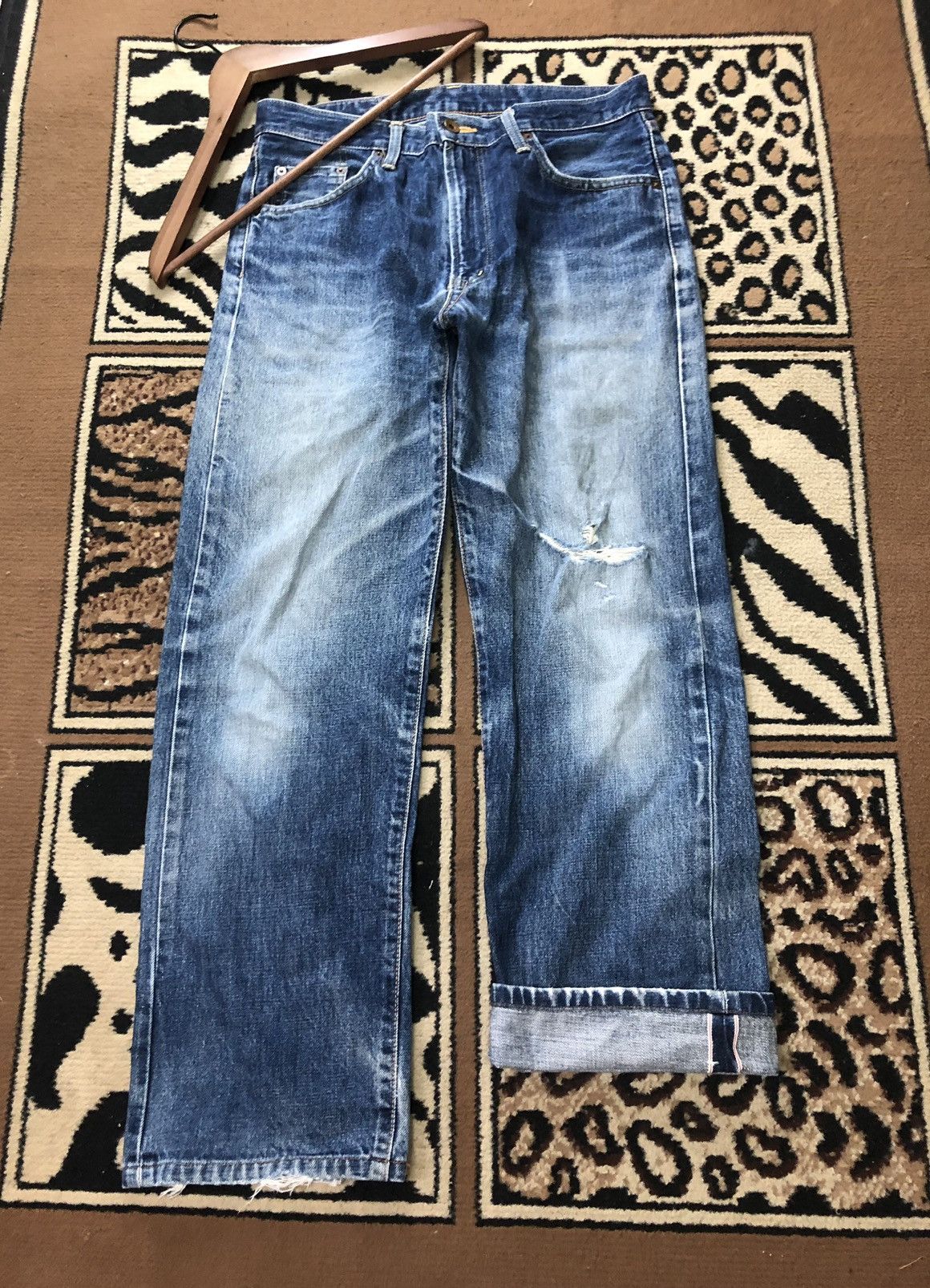 Edwin × Vintage VINTAGE SELVEDGE EDWIN 505xx BLUE WASH DISTRESSED DENIM Size US 31 - 1 Thumbnail