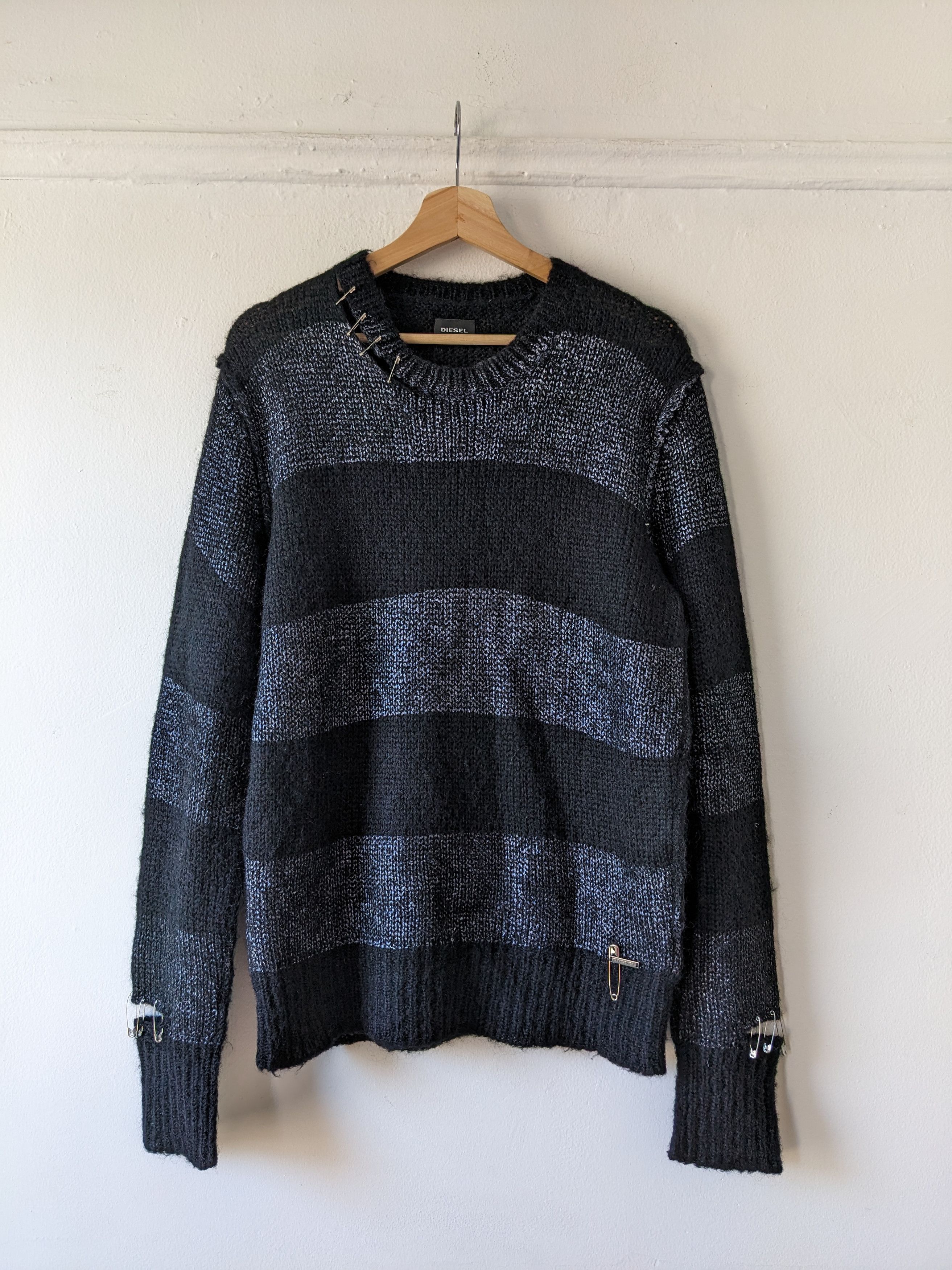 image of Diesel x Diesel Black Gold Fw19 Waxed Distressed Punk Pin Mohair Sweater in Black/Wax (Size Large)