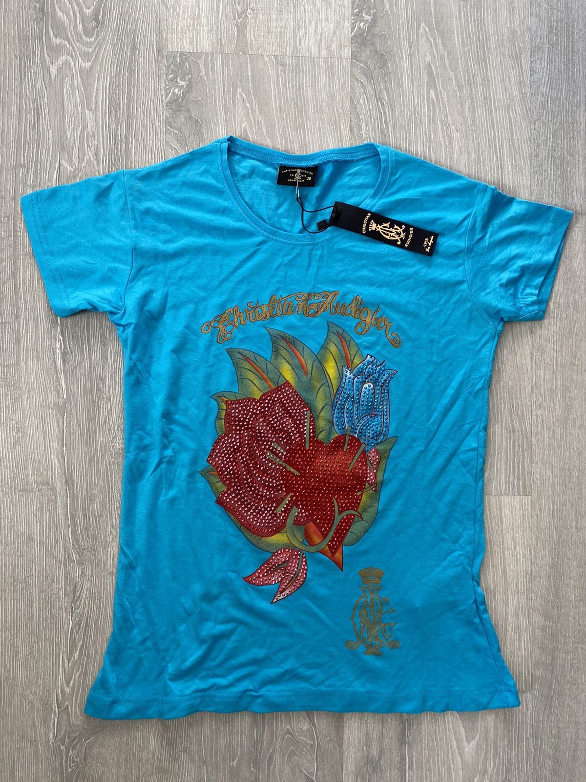 Christian Audigier × Ed Hardy × Vintage Ed Hardy Christian Audiger vintage blue t-shirt Y2K Size XXS / US 00 / IT 34 - 1 Thumbnail