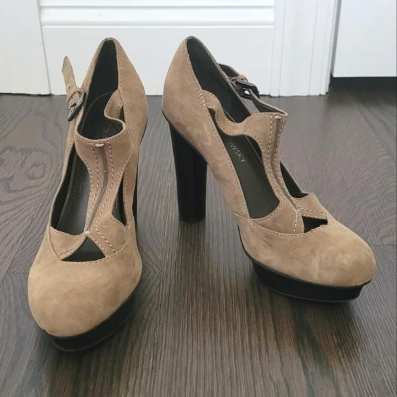 image of Genuine Leather B. Makowsky Verona Suede Buckle T-Strap Platform Pumps Shoes in Coco/Tan, Women's (