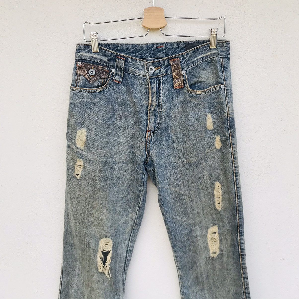 Japanese Brand Flared Distressed jean Snake leather pocket by Takaiq.com Size US 30 / EU 46 - 5 Thumbnail