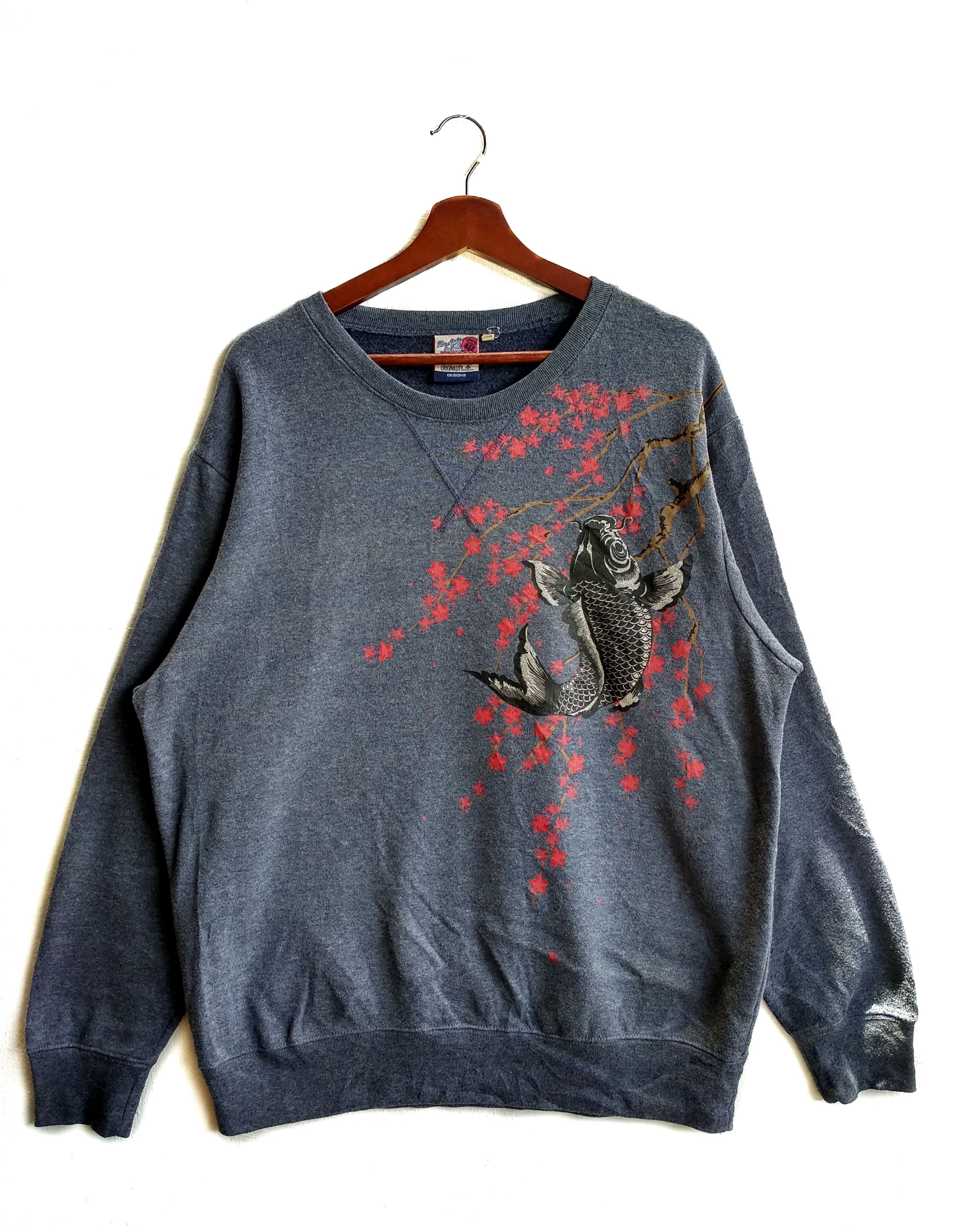 image of Animal Tee x Sukajan T Shirts Vintage Sukajan Koi Fish Sweatshirt in Dark Blue, Men's (Size XL)