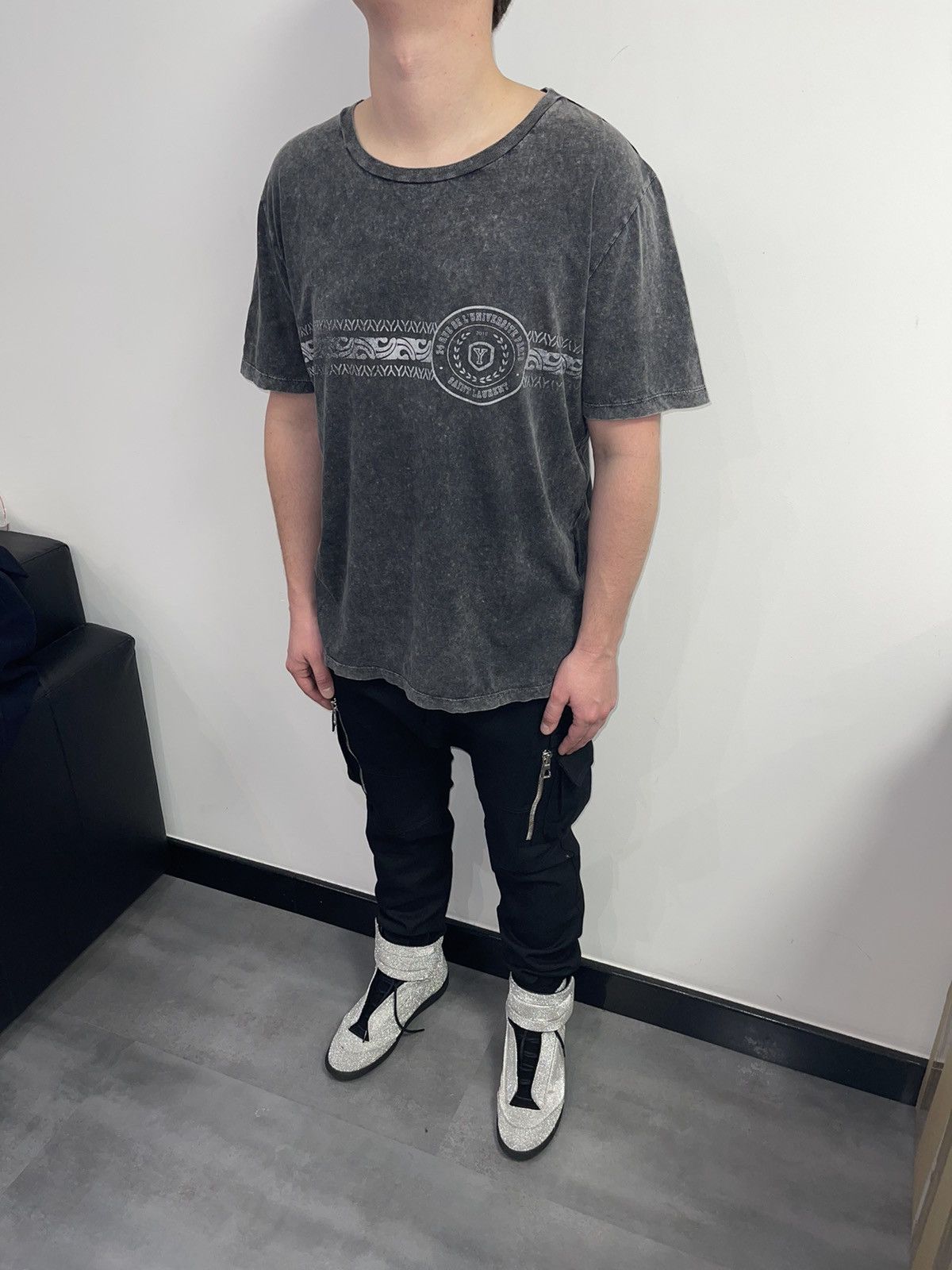 Saint Laurent Paris SS17 Saint Laurent Paris Big Logo Washed Gray T-Shirt Size US XL / EU 56 / 4 - 7 Thumbnail