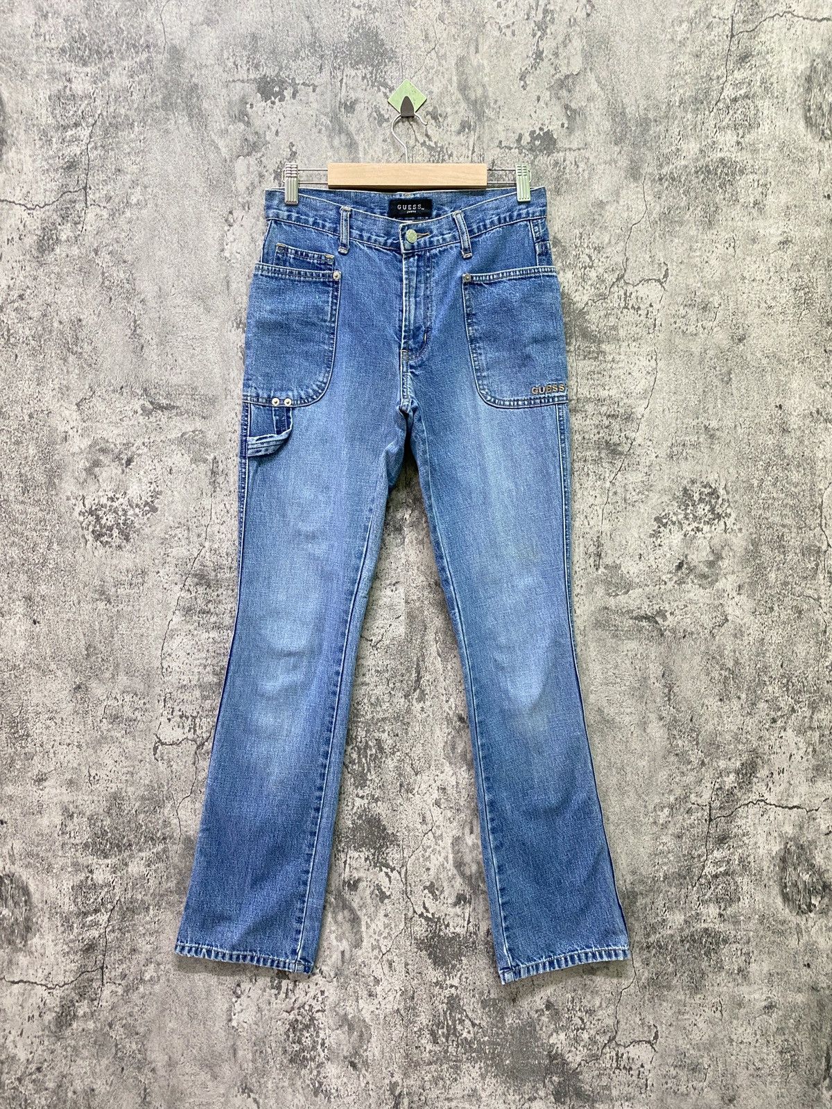 image of Guess Talon Zipper Workwear Carpenter Flared Jeans in Blue, Men's (Size 27)