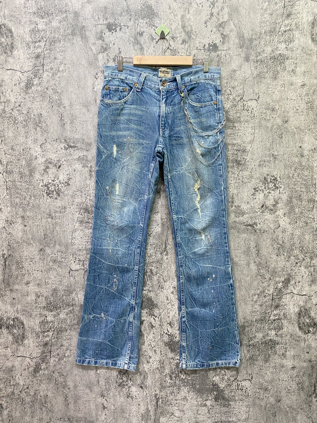 image of Distressed Denim Japan Nylaus Clothing Flared Acid Wash Glitter Splash Jeans in Blue (Size 31)