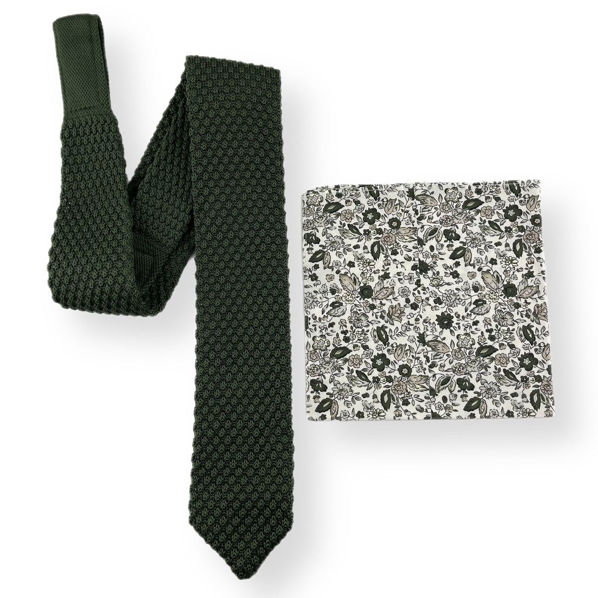 Other Men’s Forest Green Knit Necktie & White Floral Pocket Square Size ONE SIZE - 3 Thumbnail