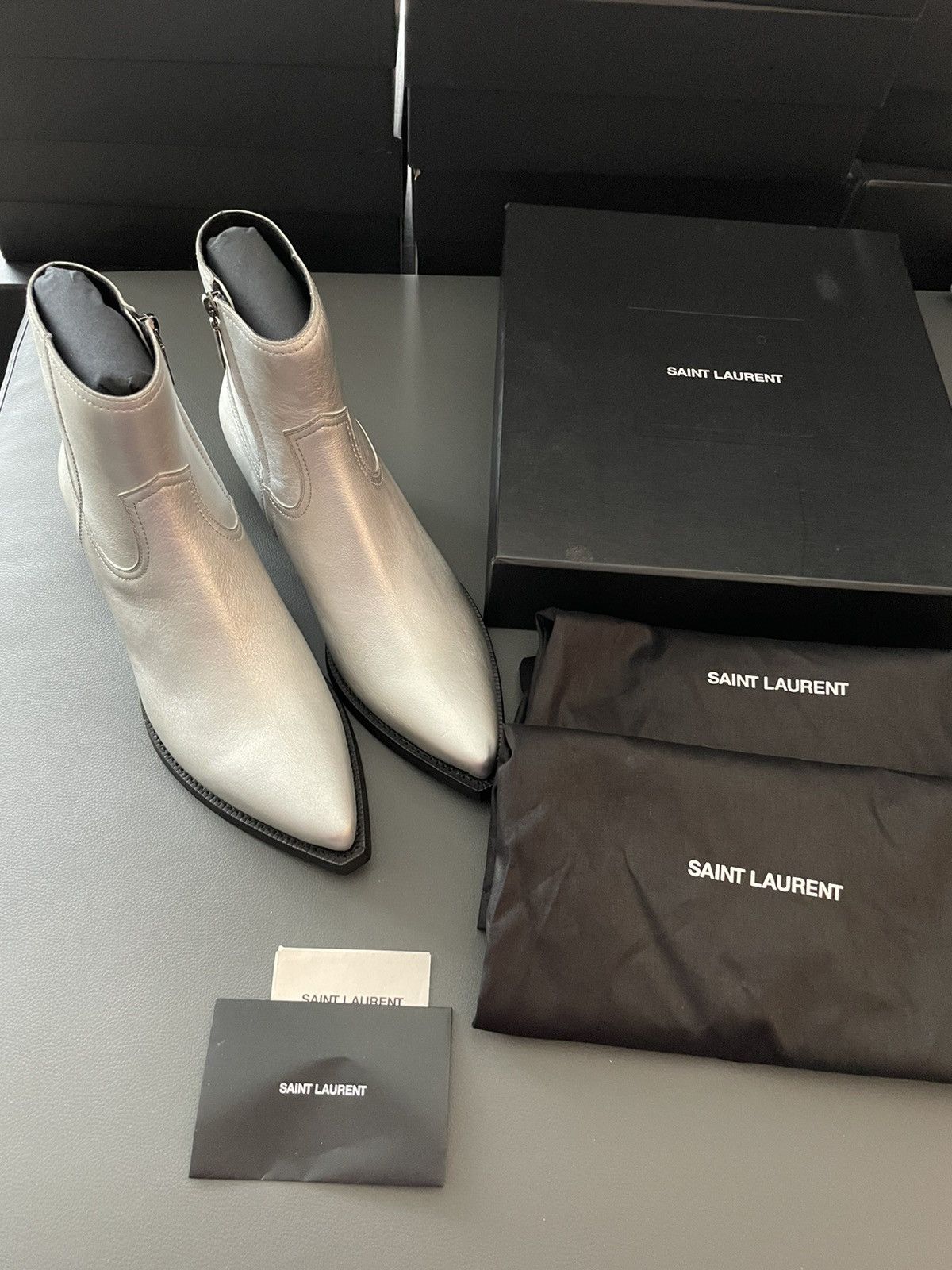 Saint Laurent Paris × Yves Saint Laurent Brand NEW Classic aMetallic Silver Lukas 40 Leather Boots Size US 9.5 / EU 42-43 - 3 Thumbnail