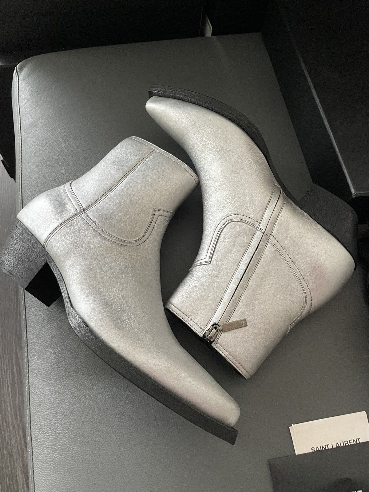 Saint Laurent Paris × Yves Saint Laurent Brand NEW Classic aMetallic Silver Lukas 40 Leather Boots Size US 9.5 / EU 42-43 - 10 Thumbnail