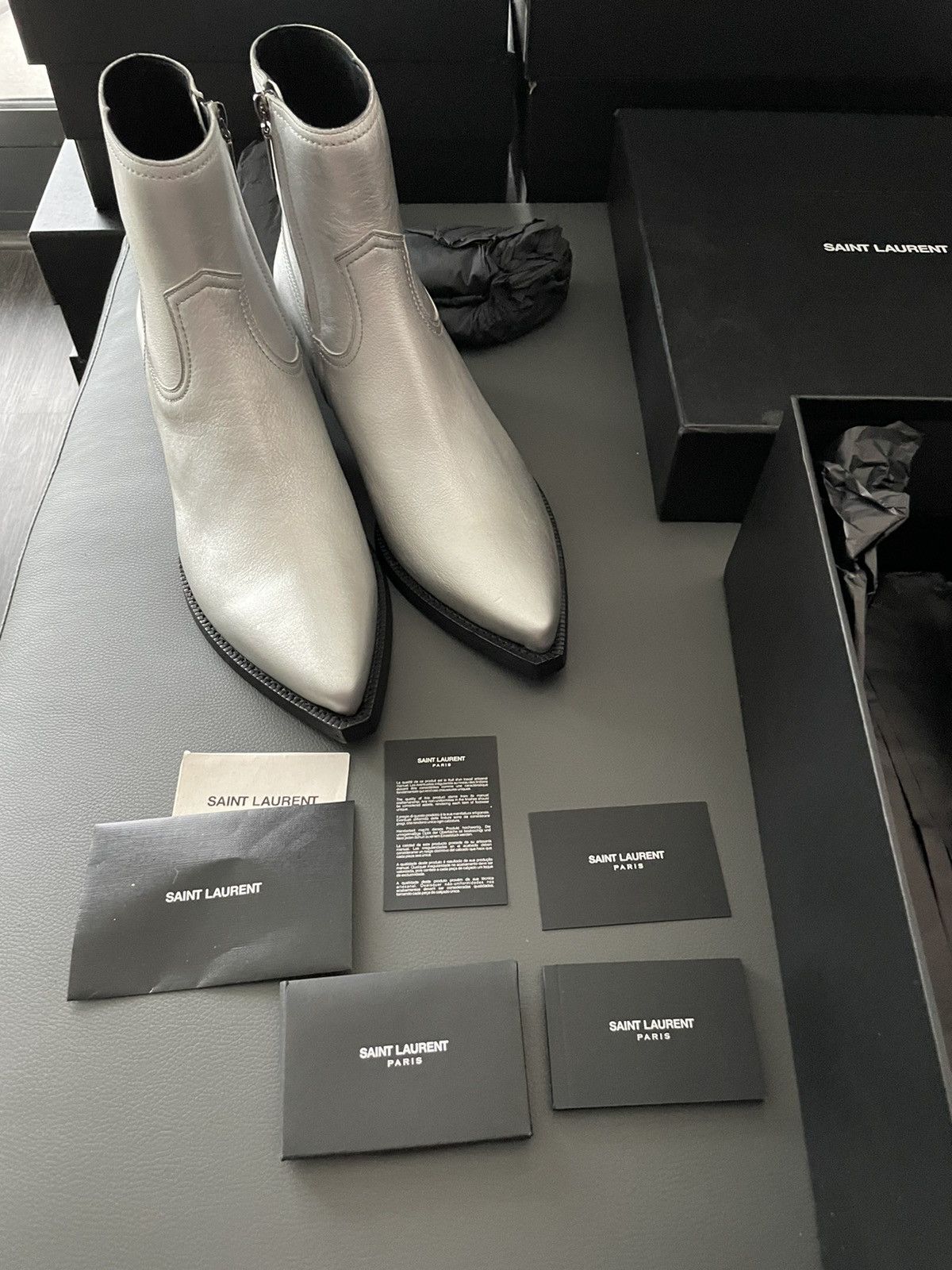 Saint Laurent Paris × Yves Saint Laurent Brand NEW Classic aMetallic Silver Lukas 40 Leather Boots Size US 9.5 / EU 42-43 - 2 Thumbnail