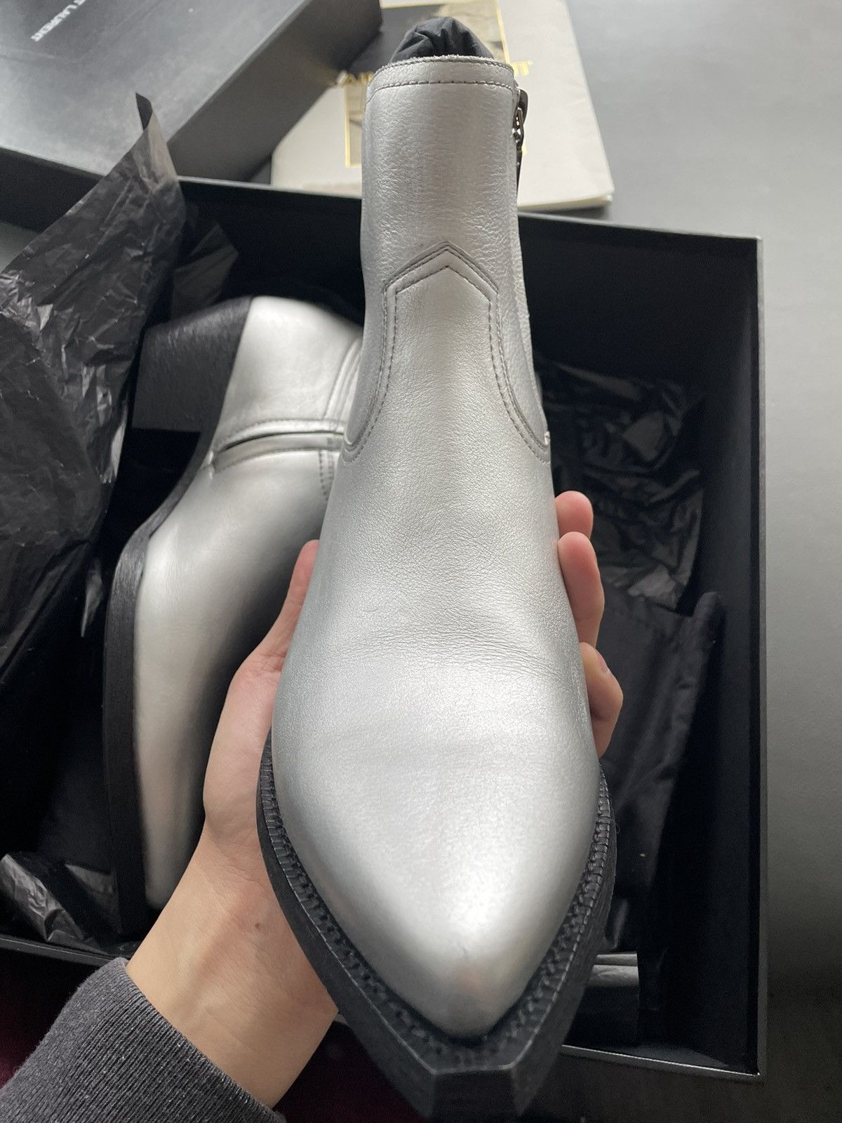 Saint Laurent Paris × Yves Saint Laurent Brand NEW Classic aMetallic Silver Lukas 40 Leather Boots Size US 9.5 / EU 42-43 - 7 Thumbnail