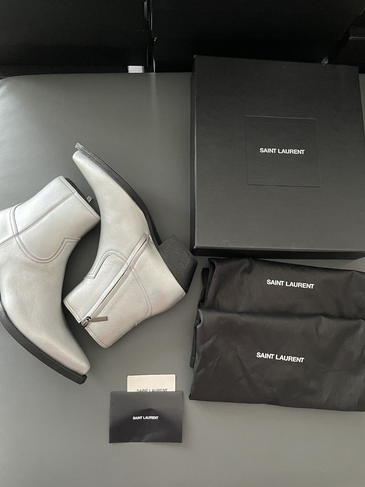Saint Laurent Paris × Yves Saint Laurent Brand NEW Classic aMetallic Silver Lukas 40 Leather Boots Size US 9.5 / EU 42-43 - 22 Thumbnail