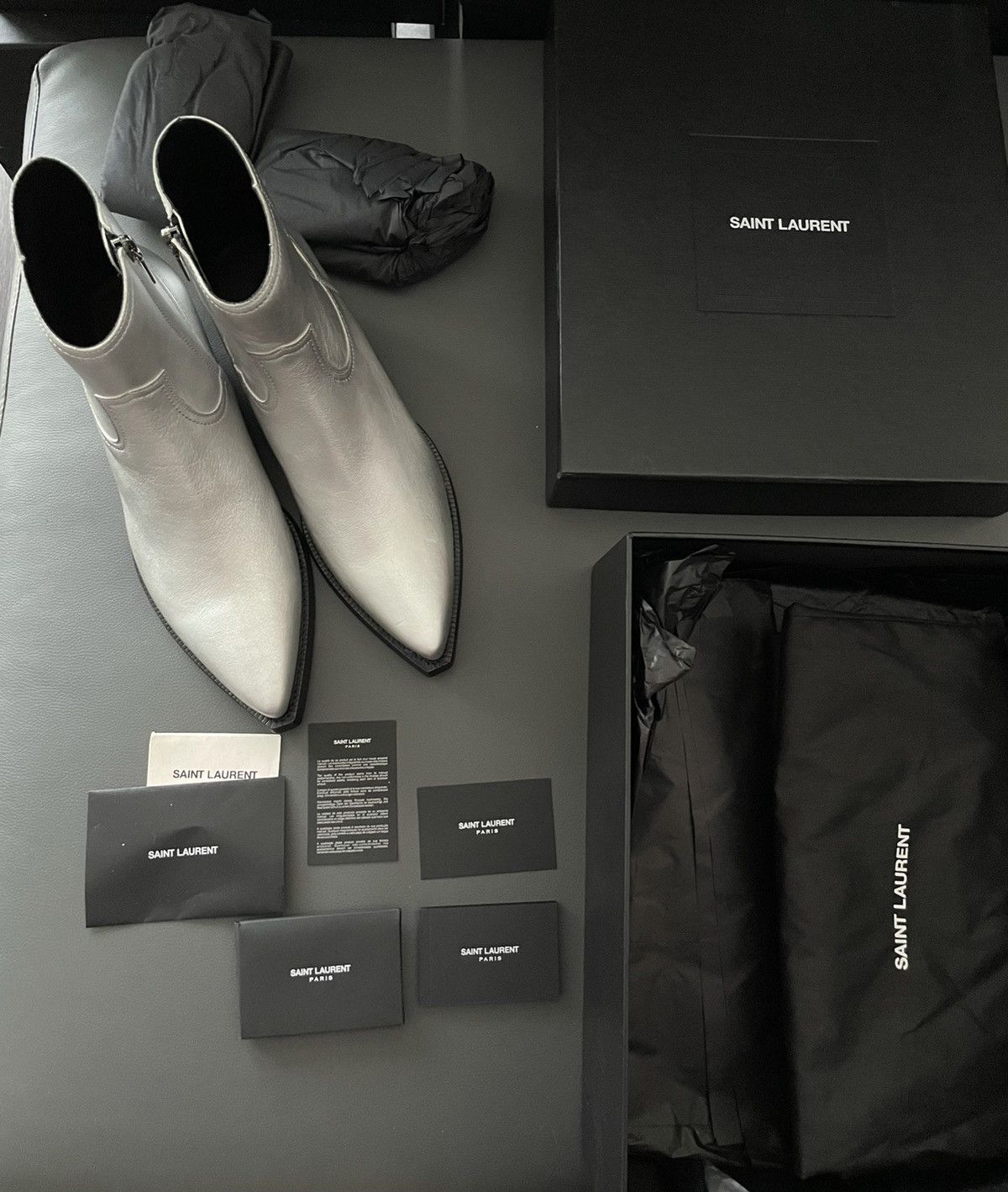Saint Laurent Paris × Yves Saint Laurent Brand NEW Classic aMetallic Silver Lukas 40 Leather Boots Size US 9.5 / EU 42-43 - 19 Thumbnail